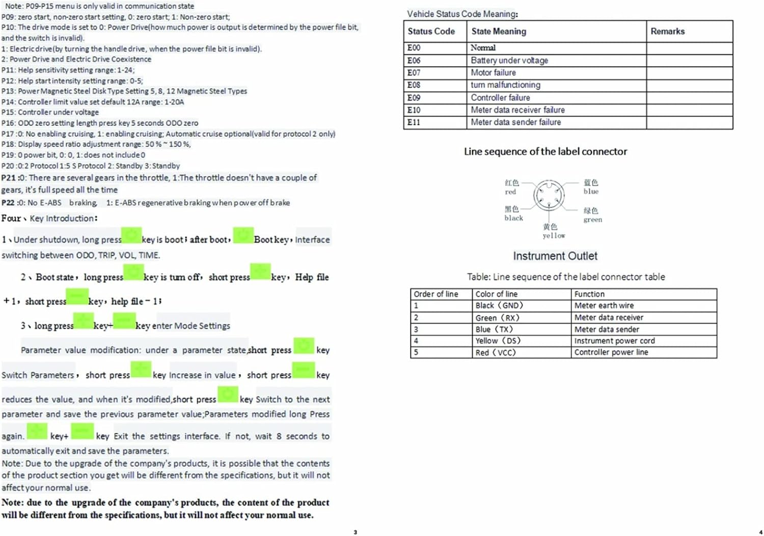 Manual page showing Vehicle Status Code Meanings and Line sequence of the label connector.
