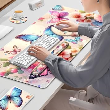 Gaming Mouse Pad, Large Desk Mat, 4in1 XXL Mousepad Cute Desk Pad Protector | Keyboard Wrist Rest+Mouse Wrist Rest+Coaster Set with Ergonomic Desk Pad for Home Office PC Computer, Butterflies Flowers