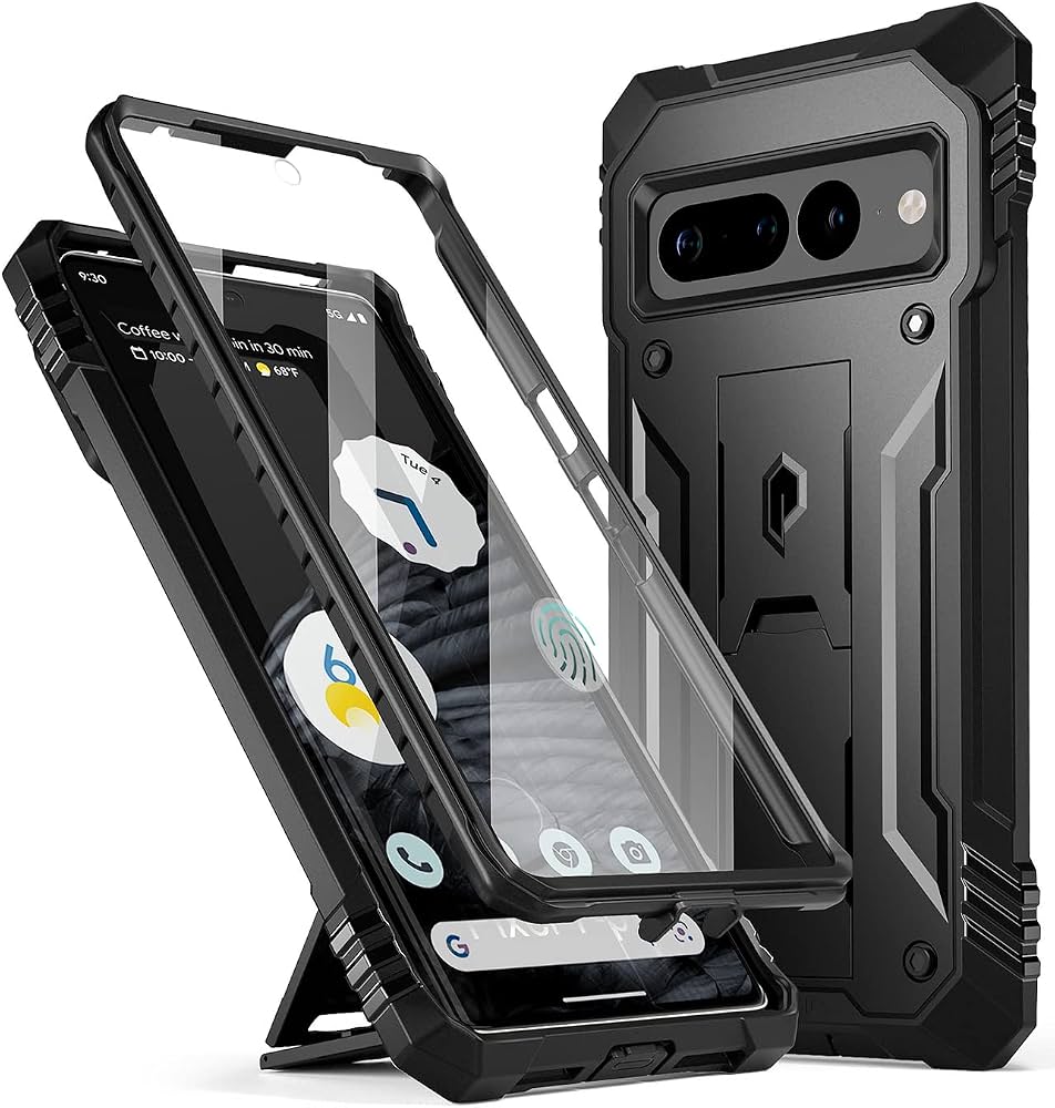 Poetic Revolution Case - Custodia protettiva compatibile con Pixel 7 Pro 5G, robusta e antiurto, con cavalletto, pellicola protettiva integrata, funziona con ID impronte digitali, nero