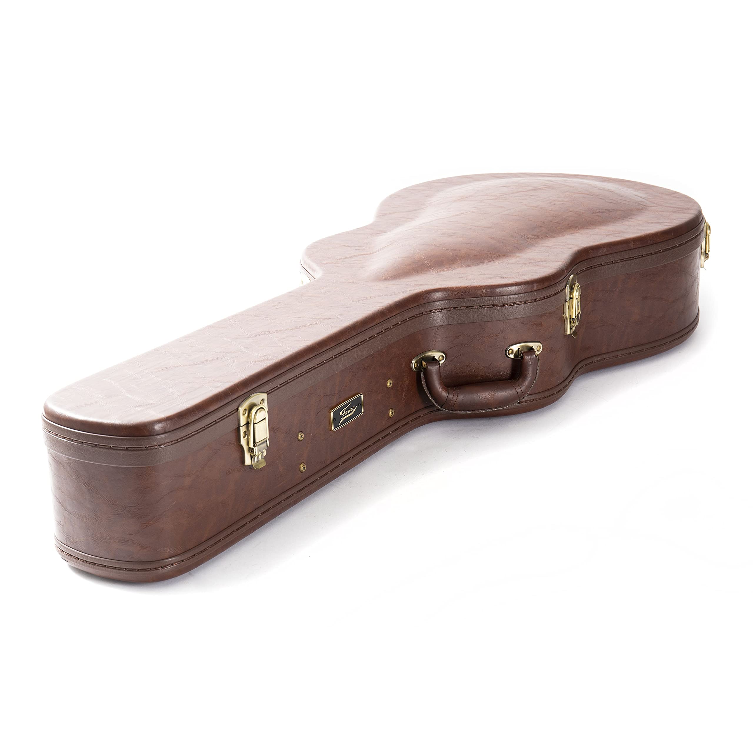 Fame Dreadnought Case für Westerngitarren, Robuster Schutzkoffer, Metallschnallen, Abschließbar, Zubehörfach, Wetterfest, Braune Leder-Optik, Weinrotes Plüsch-Innenfutter, GIT0044842-000