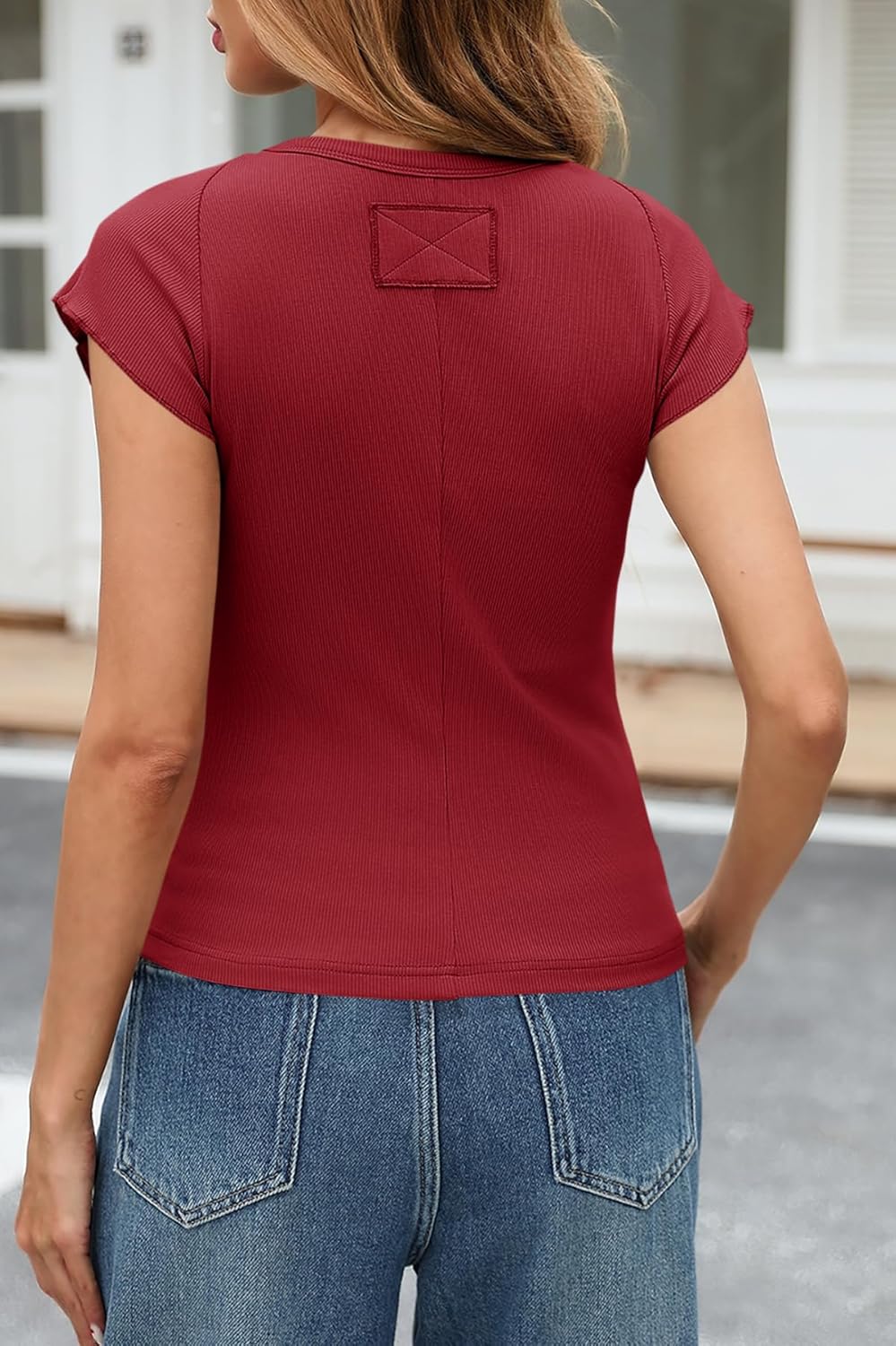 Tankaneo Womens Cap Sleeve Tops Crew Neck Ribbed Knit T Shirt Summer Casual Slim Fit Basic Tees Tshirt - Image 3