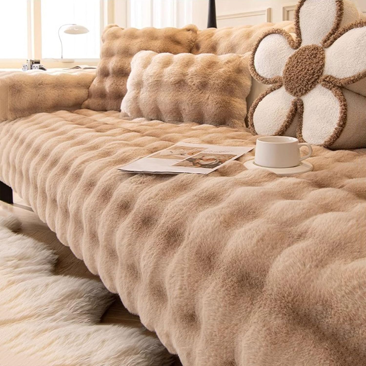 Thick Rabbit Plush Sofa Cover 1 2 3 Seater Blankets for Seat, Non-Slip Covers, Fluffy Couch L Shape Furniture Protector for Living Room(Coffee 2,90 * 210cm)