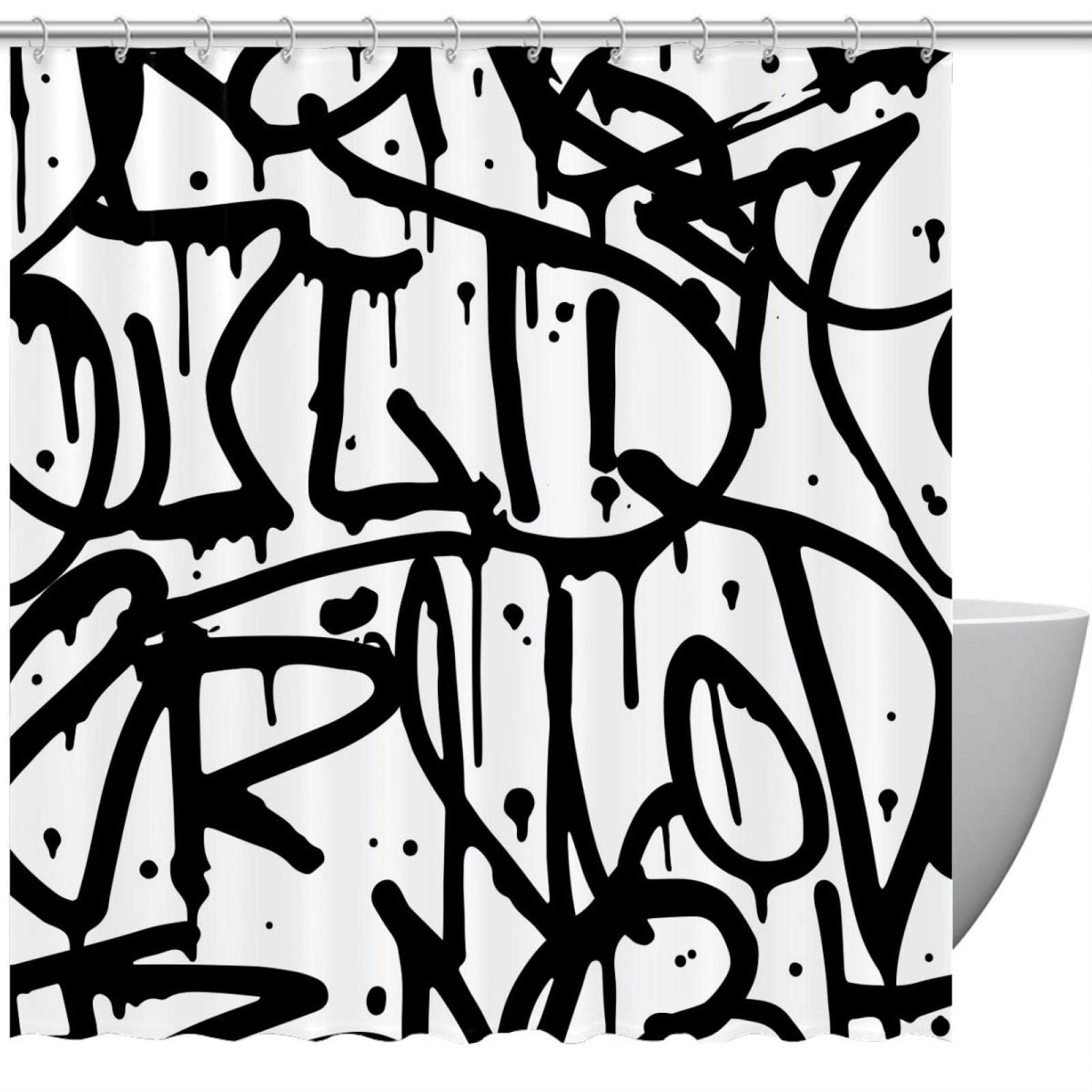 Rideau de douche graffiti noir et blanc 183x183 cm pour salle de bain urbaine et moderne