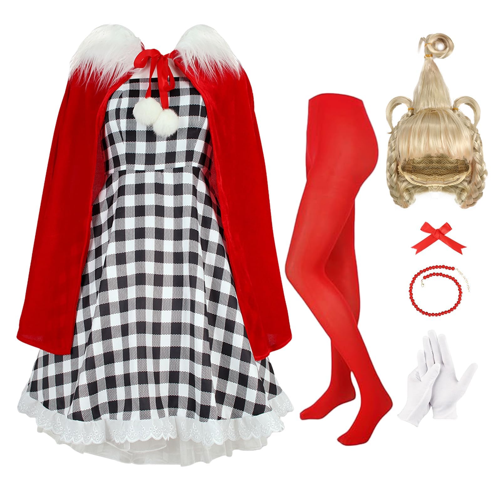 ZZXIAOJIE 7Pack Christmas Red Costume Kids Girls Christmas Dress with Wig Long Blonde Braid with Red Beads Necklace Bow