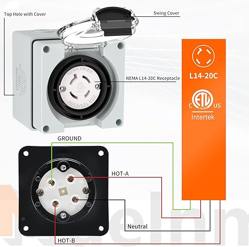 Miniatura 4 de Caja de alimentación de conector hembra de bloqueo de 20 amperios, generador Nema L14-20C de 125250 voltios, conector hembra para exteriores,