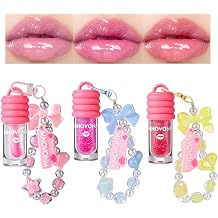 Dulele Hydrating Lip Gloss Set of 3 Fruit Flavored Lip Oil with Keychain Tint Lip Glow Oil High Shine Sparkly Rose Lip Gloss for Girls Women