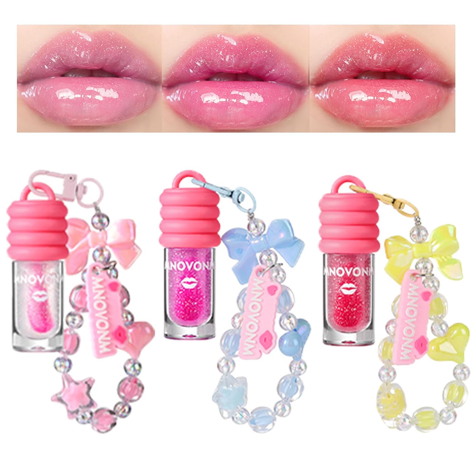 Dulele 3PCS Hydrating Lip Gloss Set, Fruit Flavored Lip Oil with Keychain