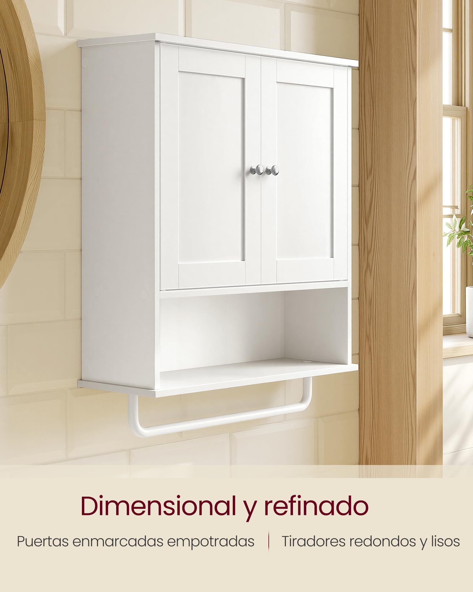 VASAGLE Siren Colección - Mueble de Baño Colgante con Barra para Toallas, Armario de Pared con Estante Abierto, Estante Ajustable y Puertas, Estilo Rústico, Blanco Nube BBK149WB01