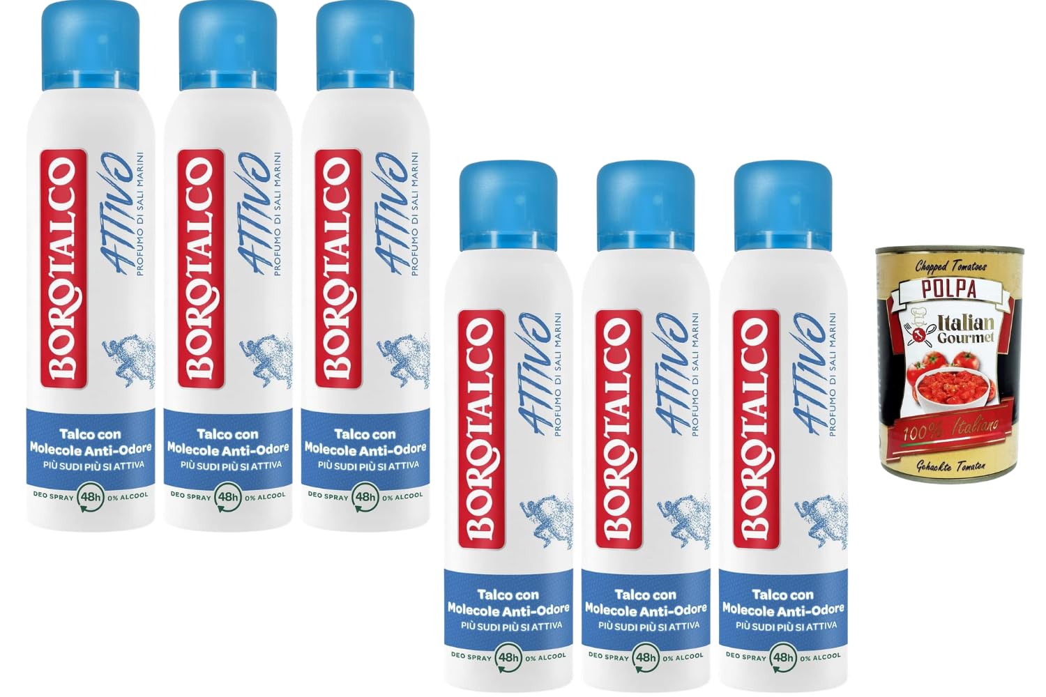 Italian Gourmet Bundle Active Deo Spray 6x 150ml + Italian Gourmet Polpa | Deodorant Spray Herren Damen | 48h Frische Schutz | Talco Duft | Körperpflege Vorratspack