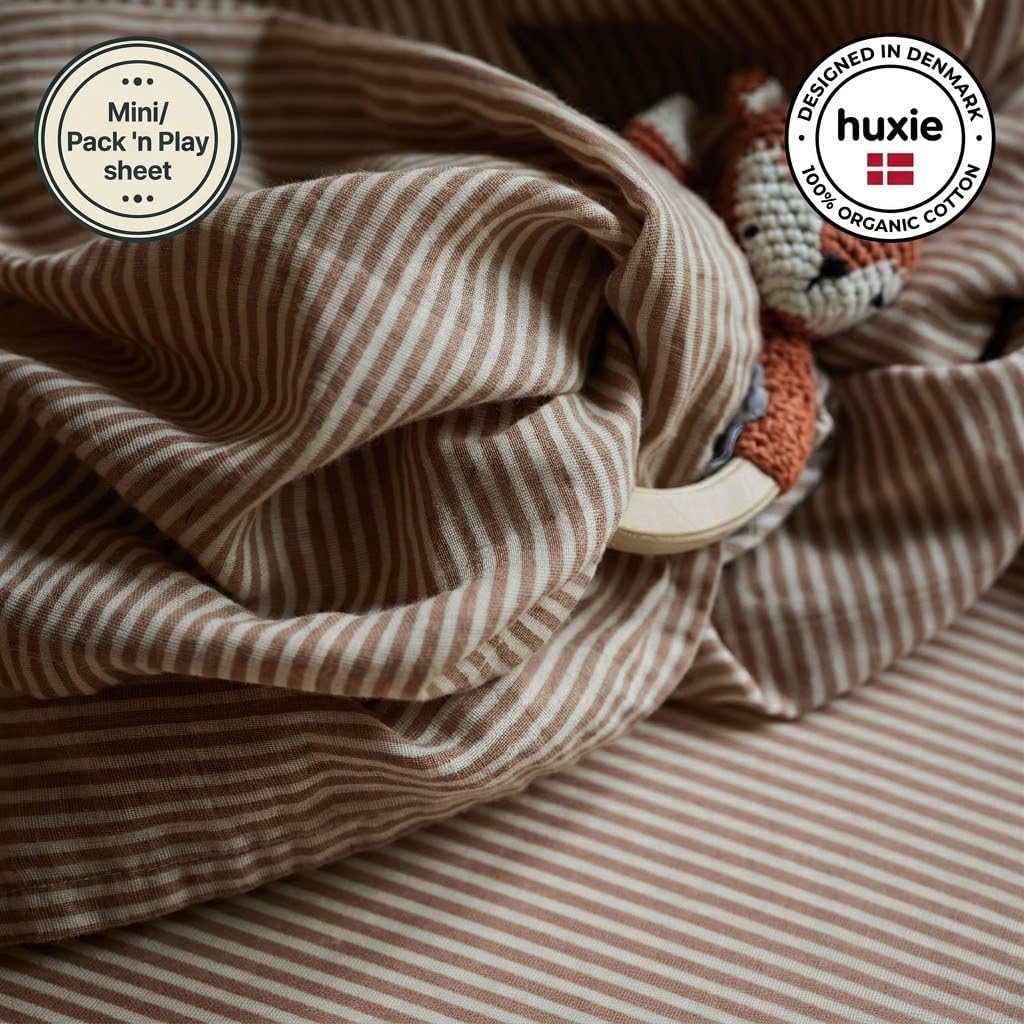 Mini Crib Sheets - Organic Cotton Muslin Fitted Crib Sheet Fitted for Pack and Play - Ultra-Soft and Breathable Crib Sheets for Boys and Girls (Mini Fog/Stripe)