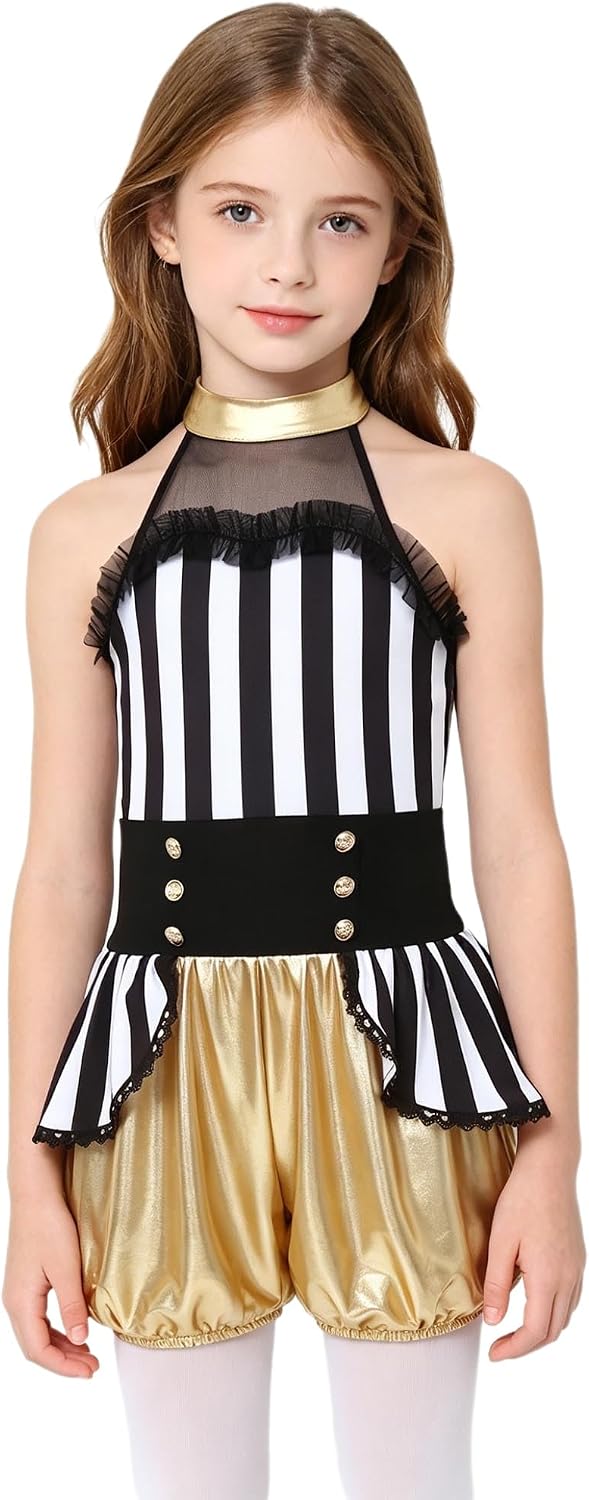 Girls Stripe Print Loose Shorts Jumpsuit Halter Neck Mesh Patchwork Shiny Metallic Stage Performance Romper Gold 16 Years