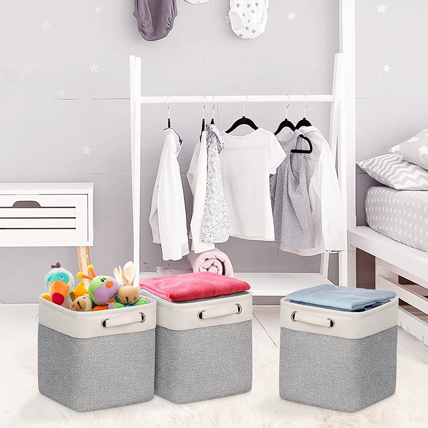 Kntiwiwo Set 6 Contenitori Cubici In Tessuto – Pieghevoli Con Manici – 26,7x26,7x27,9 Cm – Grigio – Per Scaffali E Armadi - 2