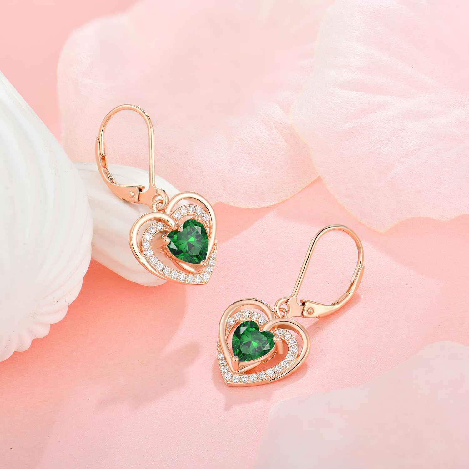925 Sterling Silver Heart Birthstone Earrings for Women Dainty Dangle Drop Leverback Earrings with Rose Gold Plated 5A Cubic Zirconia Jewelry Birthday Gifts for Wife Her - Image 4