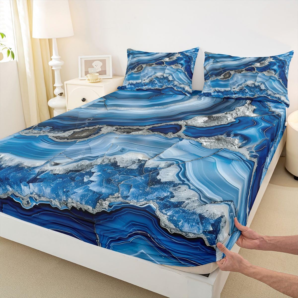 jejeloiu Blue Marble Bed Sheets Set Full Size Abstract Bed Set for Kids Boys Girls Modern Deep Pocket Fitted Sheet Marble Art Painting Breathable Soft Lightweight Microfiber