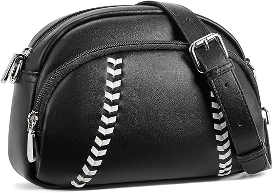 Vintage Leather Baseball Crossbody Bag For Women & Men - Retro Shoulder Purse With Adjustable Strap, Zip Pocket - Fashionable Sporty Casual Sling BagBlack