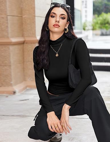 Miniatura 3 de Ekouaer Camisas de manga larga con cuello alto para mujer, ropa interior térmica, básica, ajustada, para otoño, ligera, a la moda