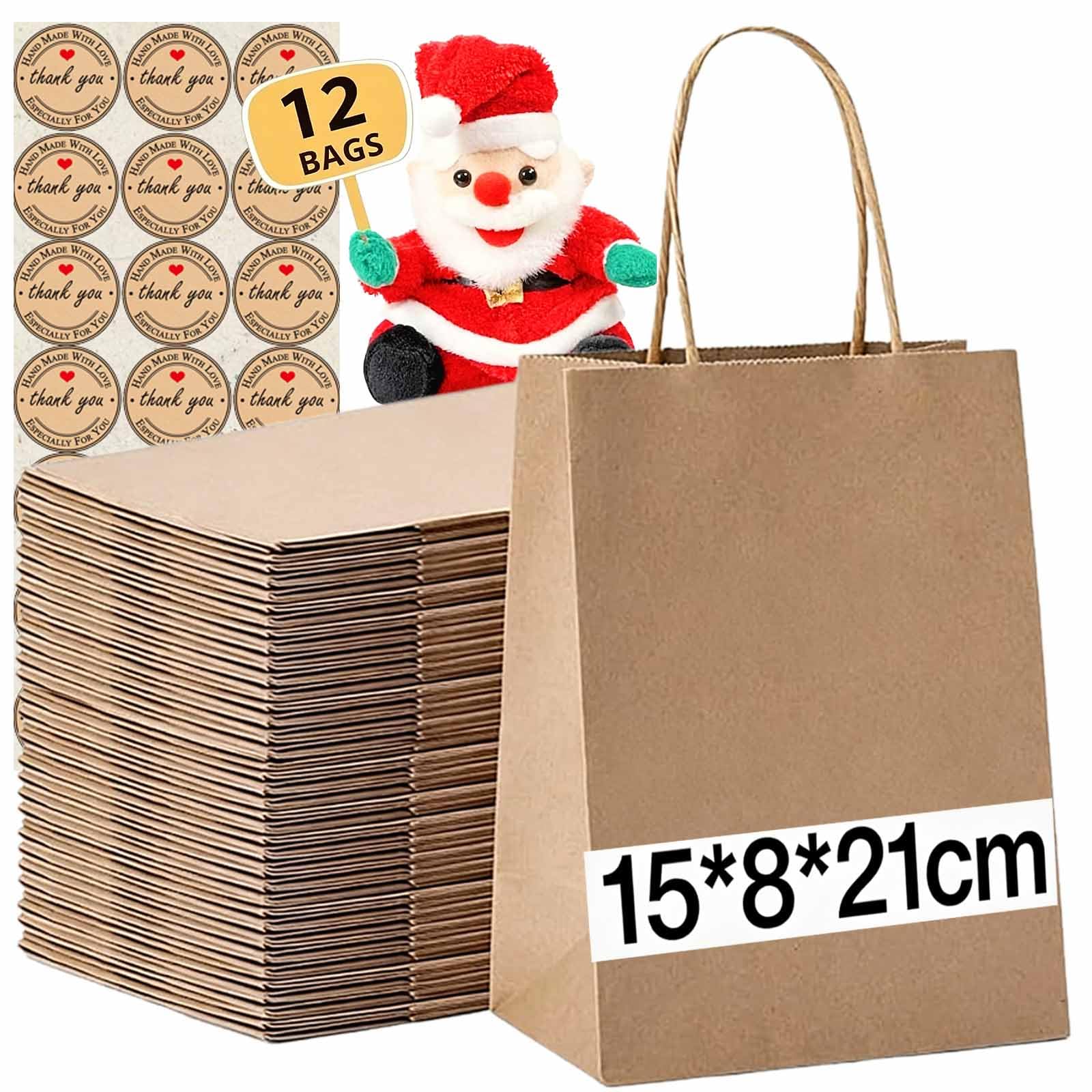 12Pcs Small Paper Bags With Handles, Paper Gift Bags (21x15x8cm), 130GMS Thicken Kraft bags Party Favor Shopping includes lables for Favor Birthday Party Wedding Shopping Retail (Brown)
