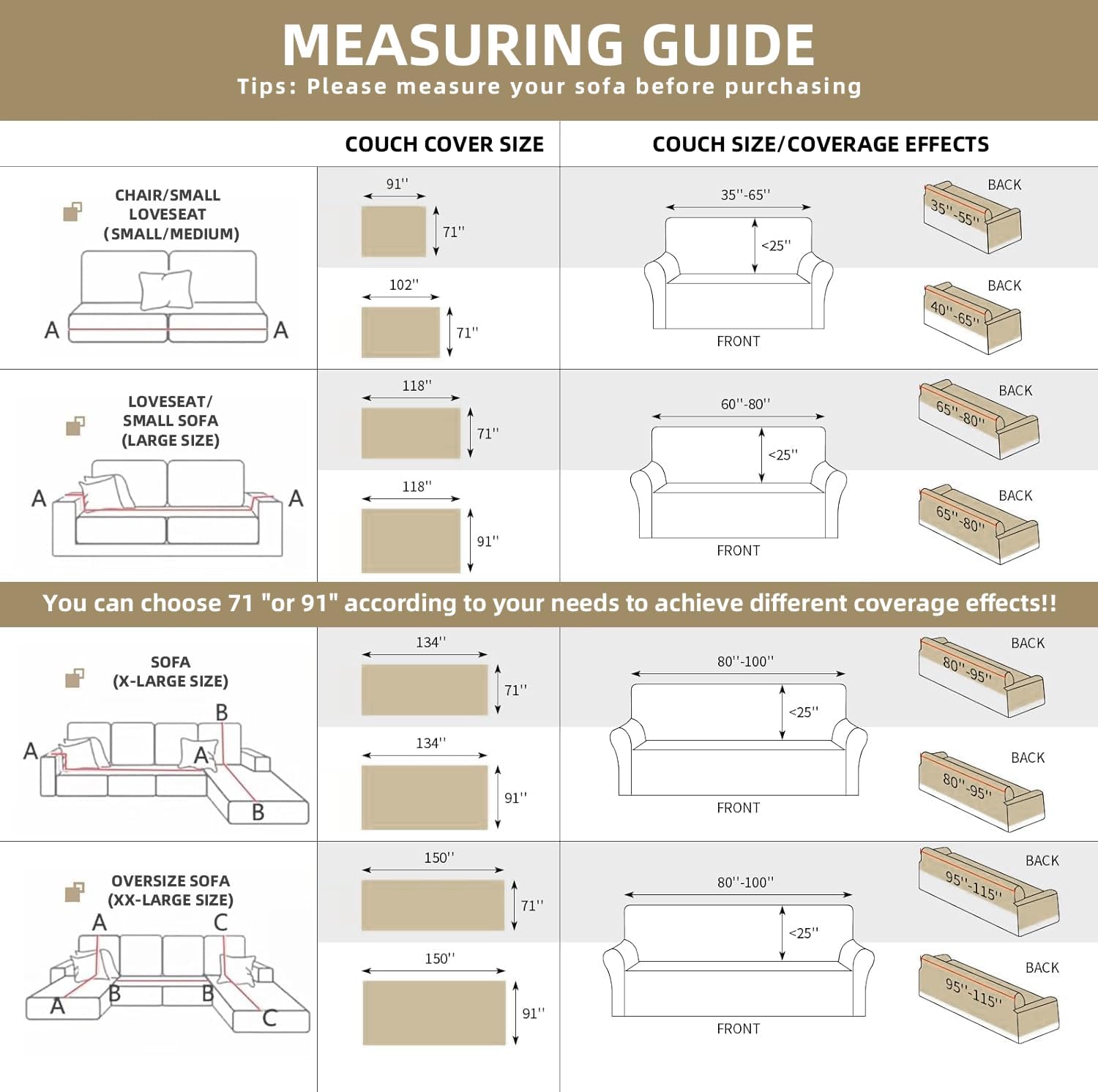 Couch Cover for Dogs Washable Sofa Cover, Sectional Couch Covers, Sofa Covers for 2 Cushion Couch, Non Slip Stripe Sofa Slipcovers Furniture Protector (Beige, 71x150)