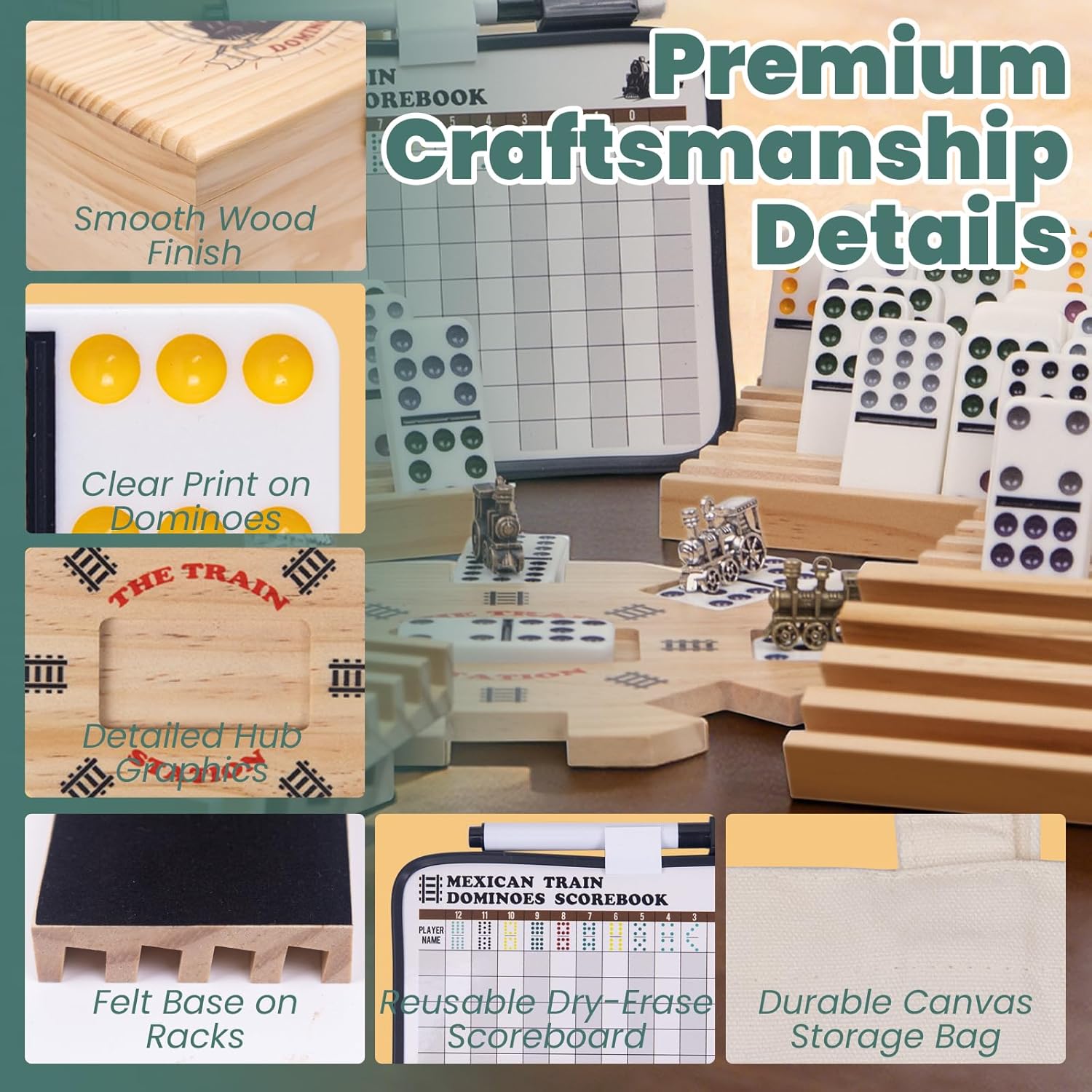 Extguds Double 12 Mexican Train Dominoes Set for Adults, Wooden Mexican Train Dominos with Solid Wood Storage Box, 91 Tiles, Hub, 8 Wooden Racks, Metal Train Markers, Scoreboard & Canvas Bag
