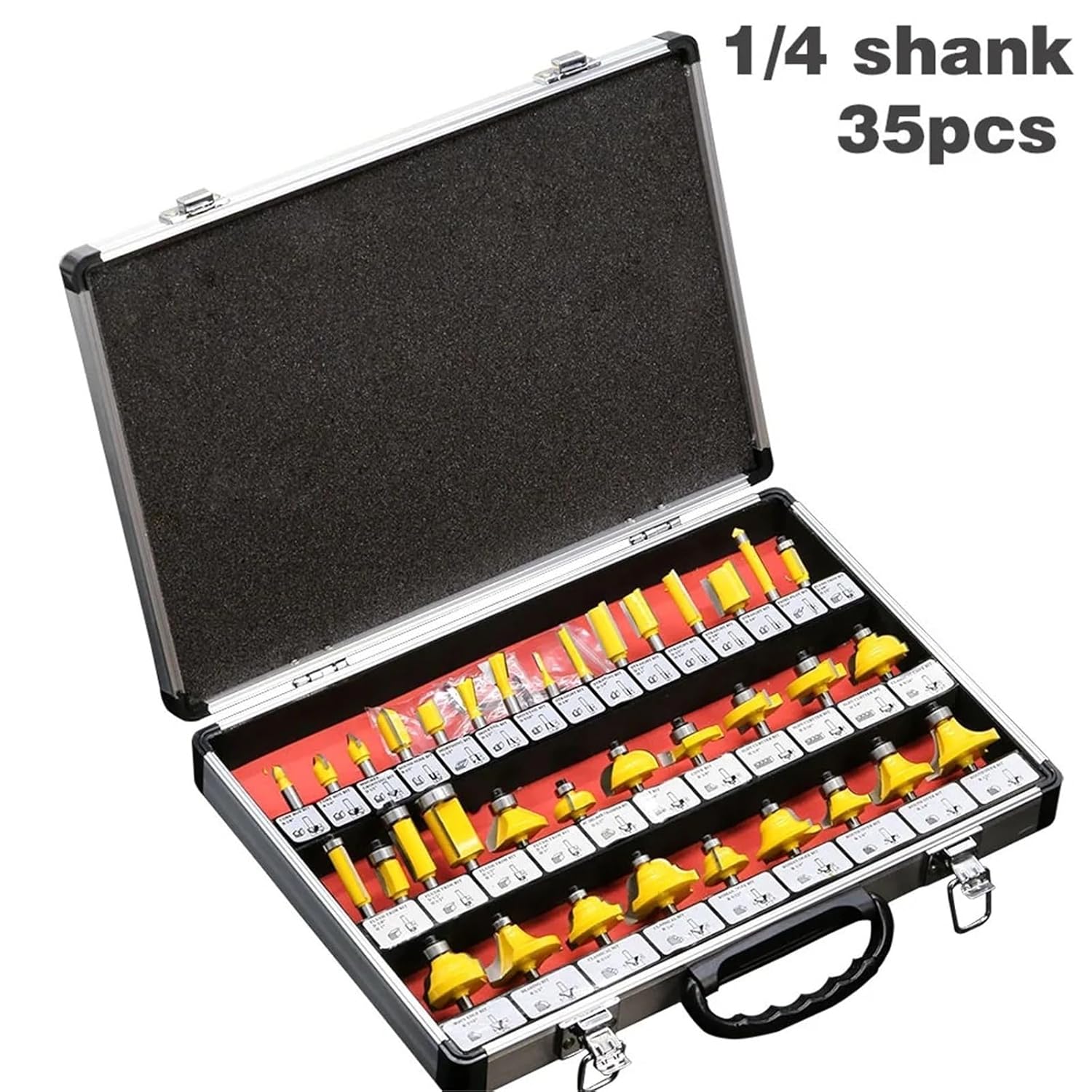 1/4inch (6.35mm) Shank Tungsten Carbide Router Bit Set Wood Woodworking Cutter Trimming Knife Forming Milling W/ Wood Case Box 35Pcs