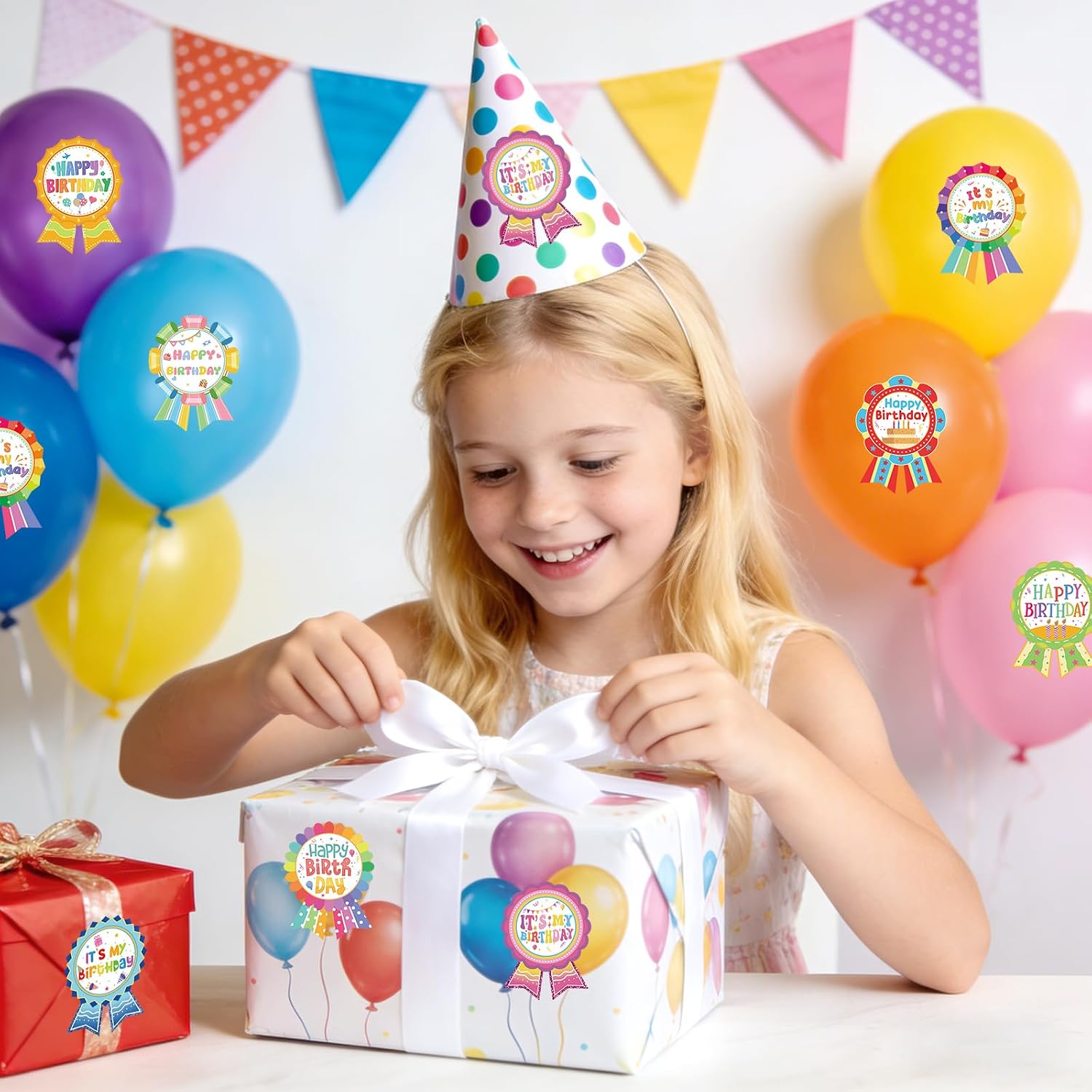 Happy Birthday Badge Stickers, 240 Pcs, 8 Color Designs, 2.6 x 3.7 in | 8 birthday badge designs, easy peel and remove, for kids and adults, party, classroom, gift wrap use