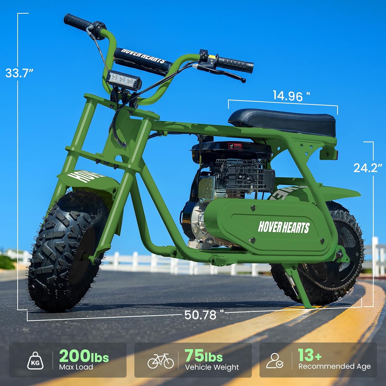 HOVER HEART Mini Bike with key dimensions and specifications labeled.