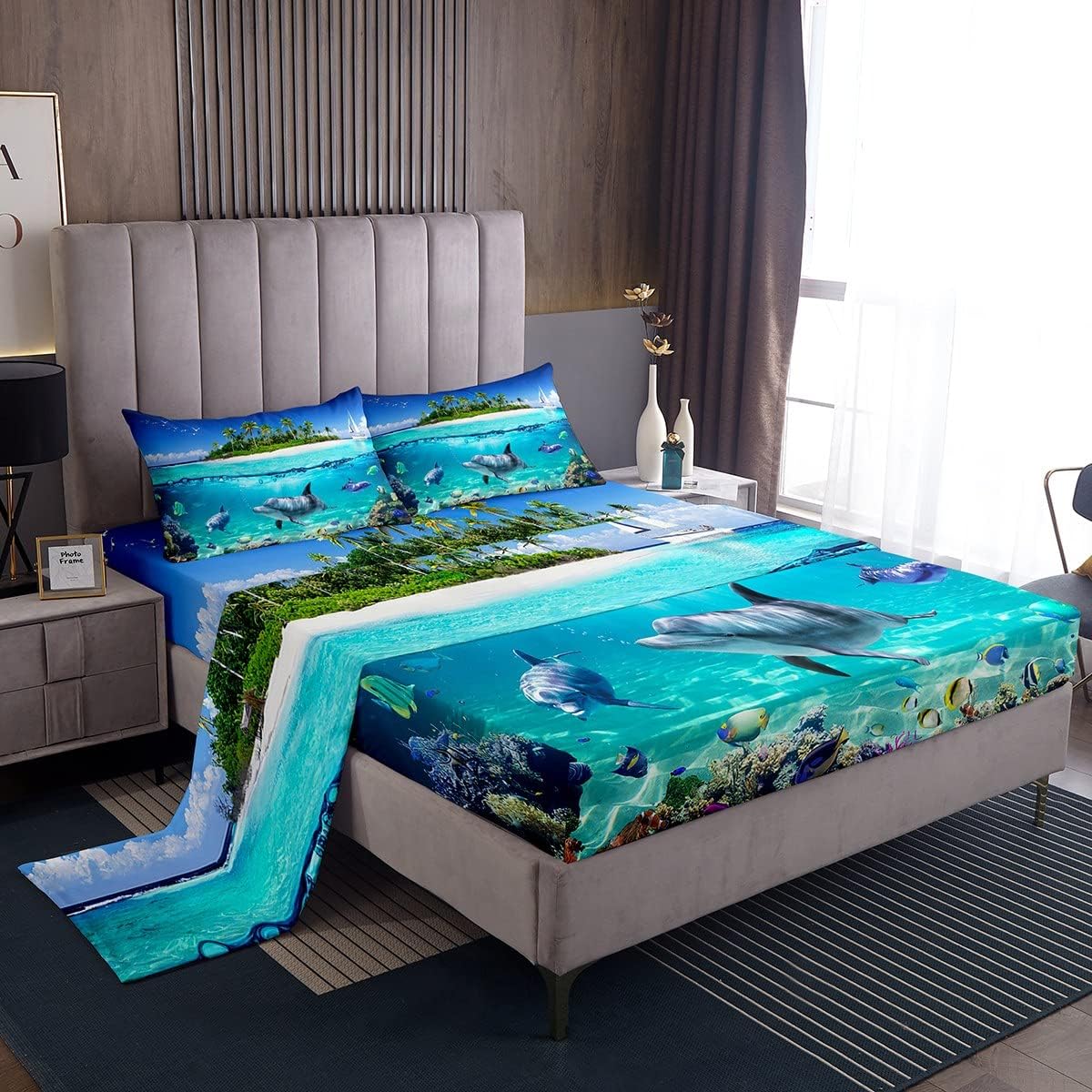 Dolphin Bed Sheets Set Kids Cute Ocean Animal Sheet Set Boys Girls Hawaiian Sealife Decor Sheets with Deep Pocket Fitted Sheet Microfiber Beach Aquarium Bedding Set Bedroom Twin Size Multi 1