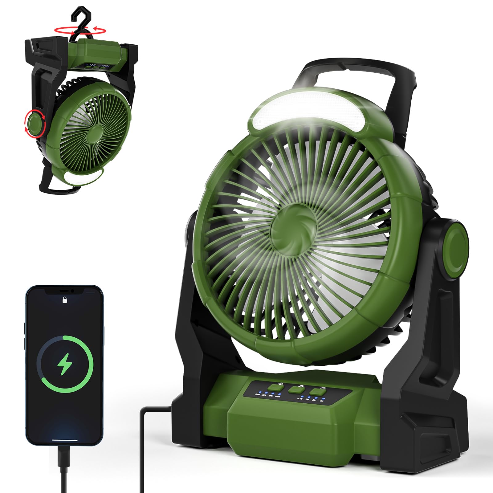 GuKKK 15000mAh Ventilatore da Campeggio con Luce LED, 3 Velocità Ventilatore Portatile con Gancio,Timer, Ventilatore Ricaricabile con Rotazione 270°, Ventola USB per Casa Esterno Campeggio Tende
