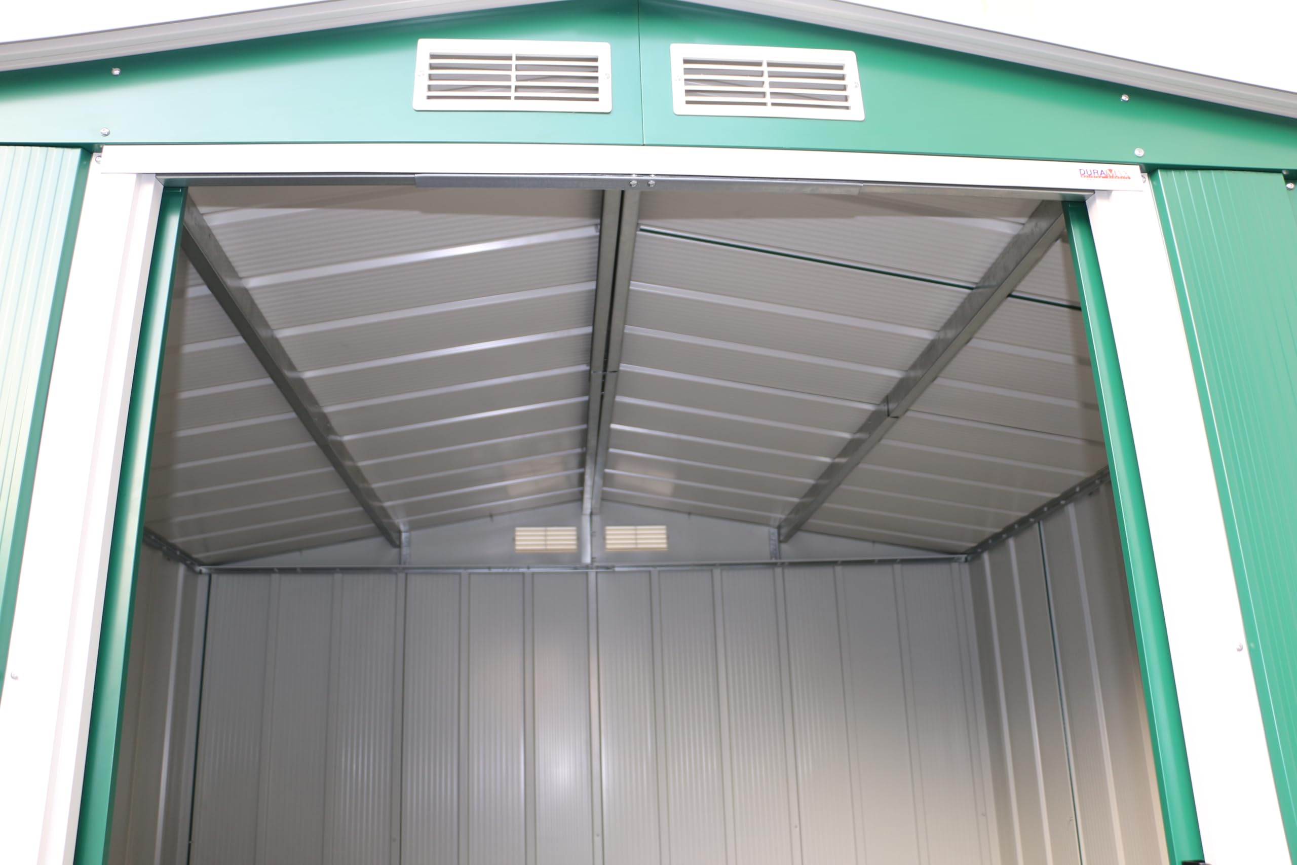 Duramax ECO 8 x 8 (5.89 m²) Metallgerätehaus, feuerverzinktes Metall gerätehaus - Geräteschuppen, verstärkte Dachkonstruktion, wartungsfreier und wetterfester Metallschuppen, Grün