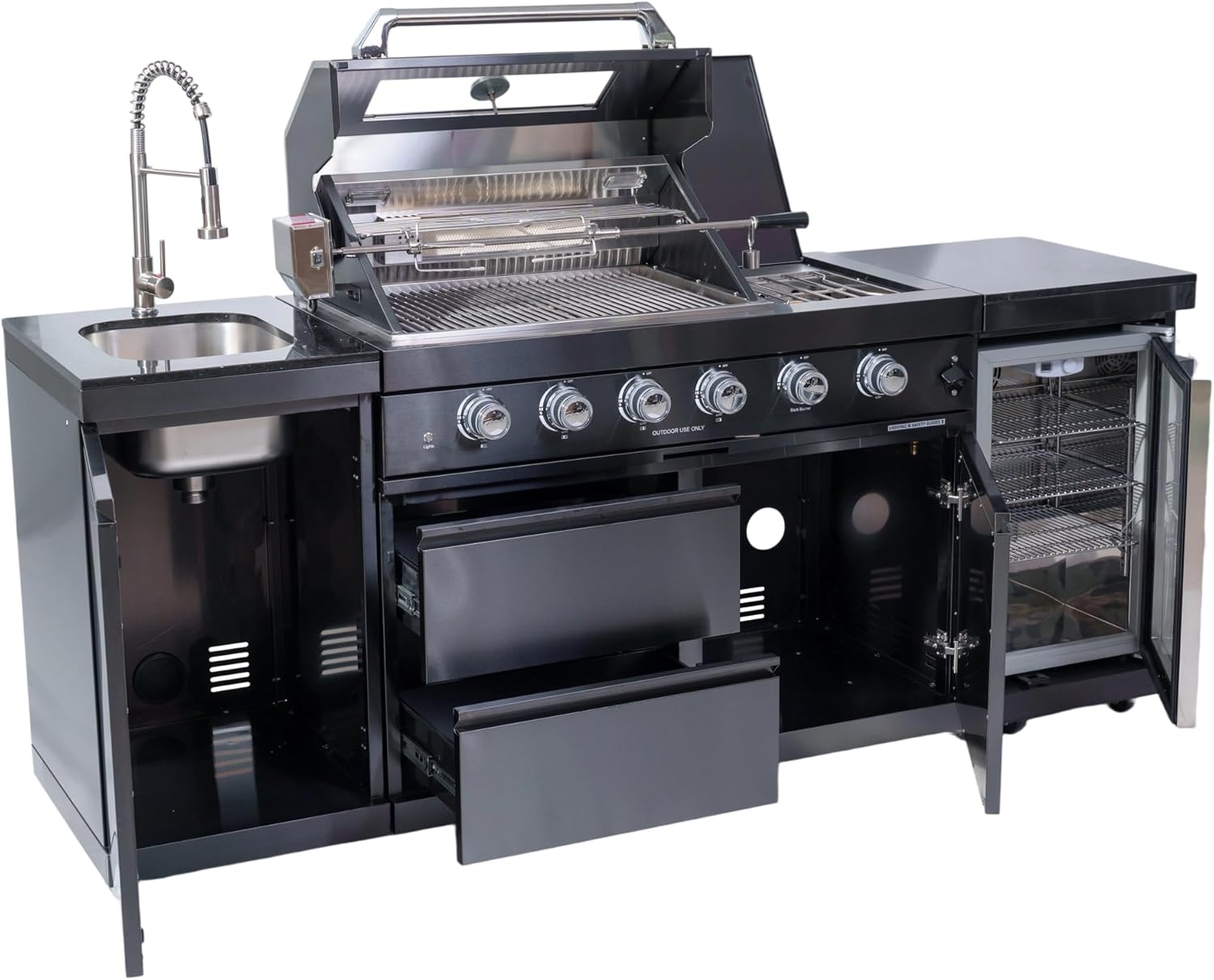 Premium Outdoor Kitchen Island with 304 Stainless Steel Gas Grill, Built-in Sink, Wine & Beverage Refrigerator, and Rotisserie Kit - Integrated LED Lighting for Backyard (Black- 85", Natural Gas)
