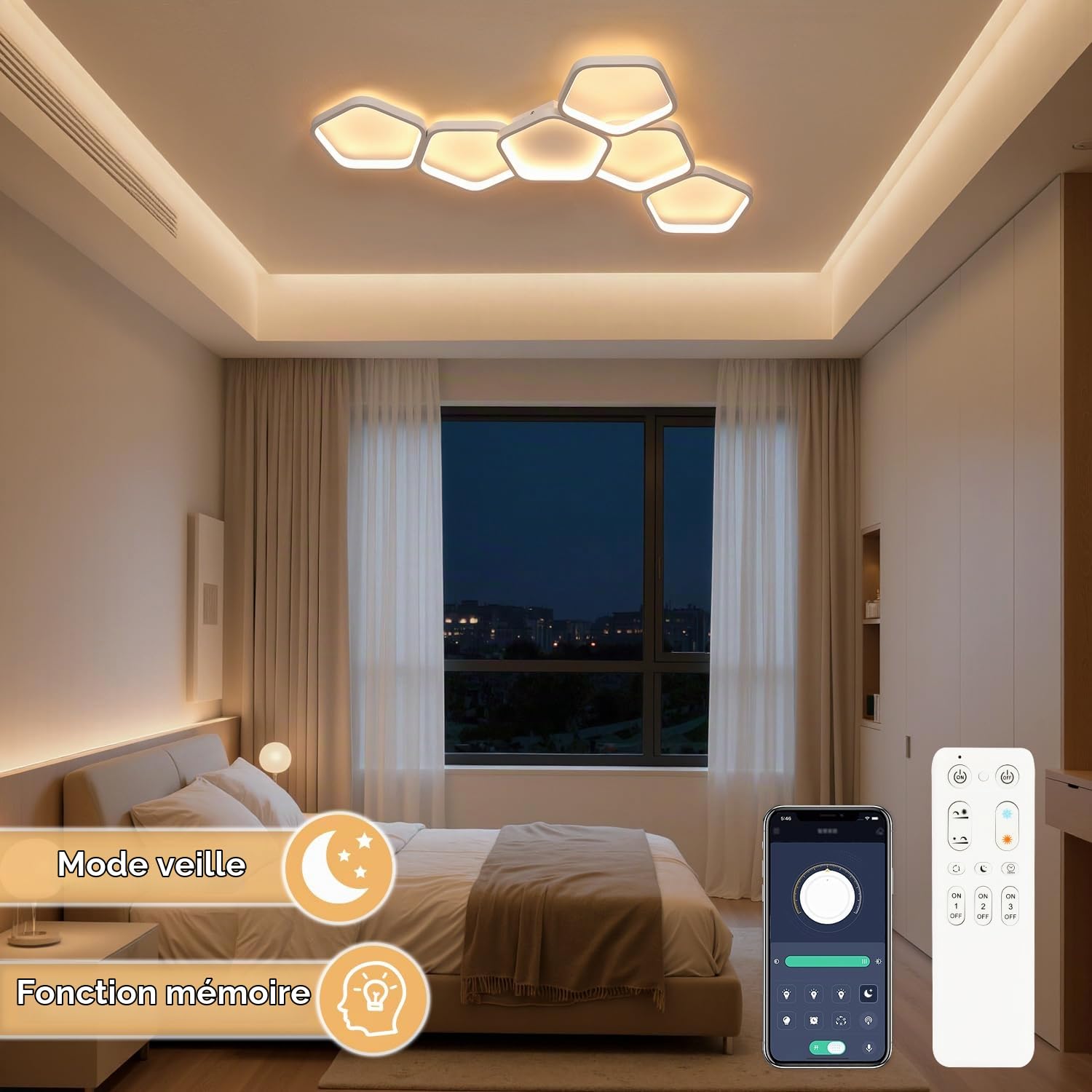 Plafonnier LED Moderne, 58W 3000K-6500K Lampe de Plafond Dimmable, 5 Anneaux Design Chambre Eclairage Luminaire Plafonnier avec Telecommande APP pour Salon Bureau Cuisine Couloir