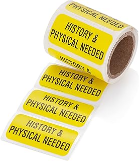 Carstens Medical Stickers â€“ History & Physical Needed Alert and Instruction Labels for Medical Charts, Yellow and Black, Roll of 100 Patient Chart Labels, W1.5