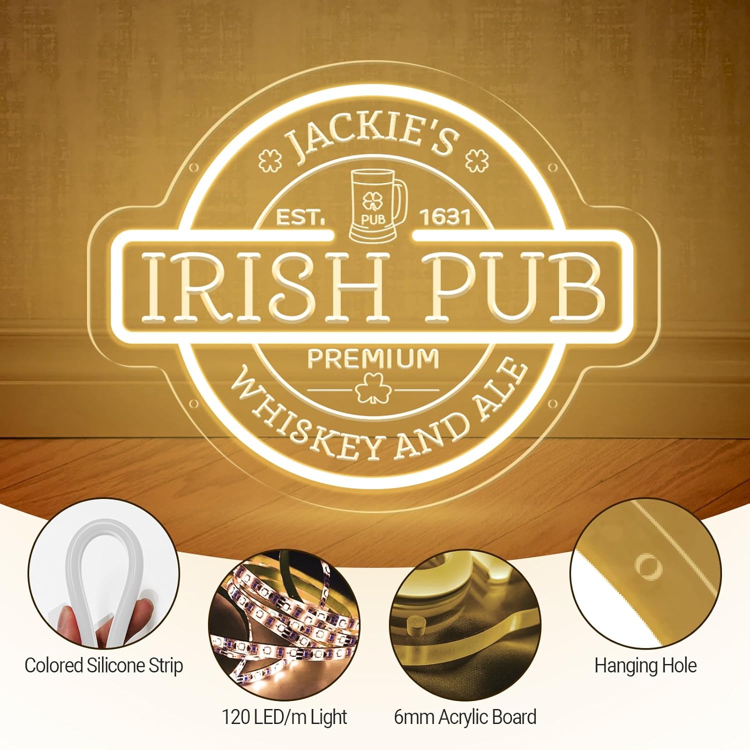 Custom Irish Pub Neon Sign for Wall Decor, Personalized LED Arcylic Bar Light for Home Bar Man Cave Irish Tavern Lounge Buisness, Customized Neon Light up Sign for Dad Birthday Father's Day Gift