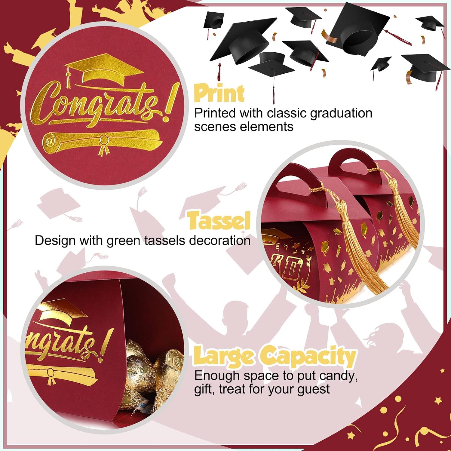 TaoBary 30 Pcs Graduation Cap Gift Boxes,2026 Grad Candy Boxes,Maroon Gold