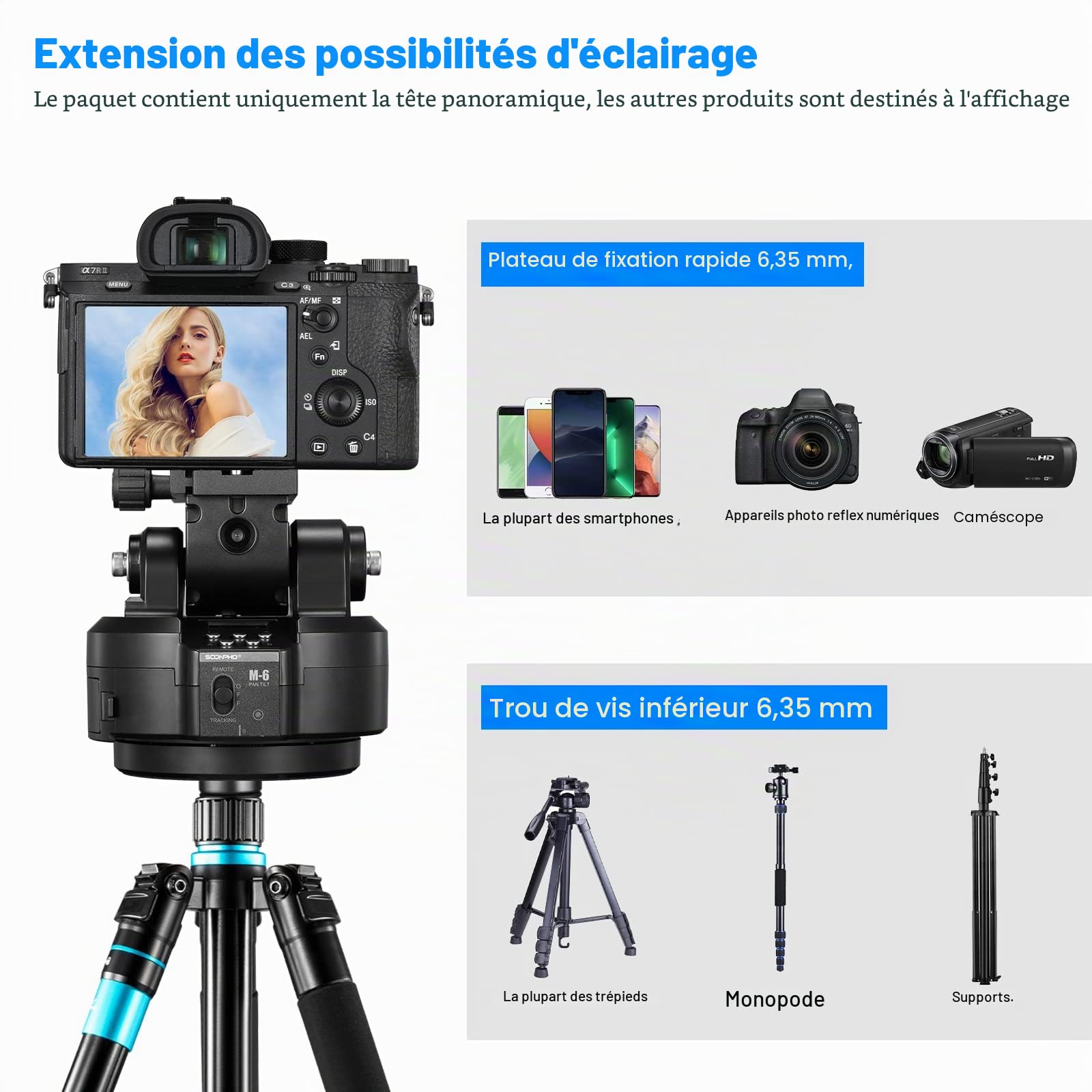Soonpho M6 Tête de trépied panoramique électrique motorisée à 360 degrés avec pince pour téléphone et télécommande AI Face Tracking Reconnaissance des gestes AB Deux points pour DSLR,Trépied,Téléphone