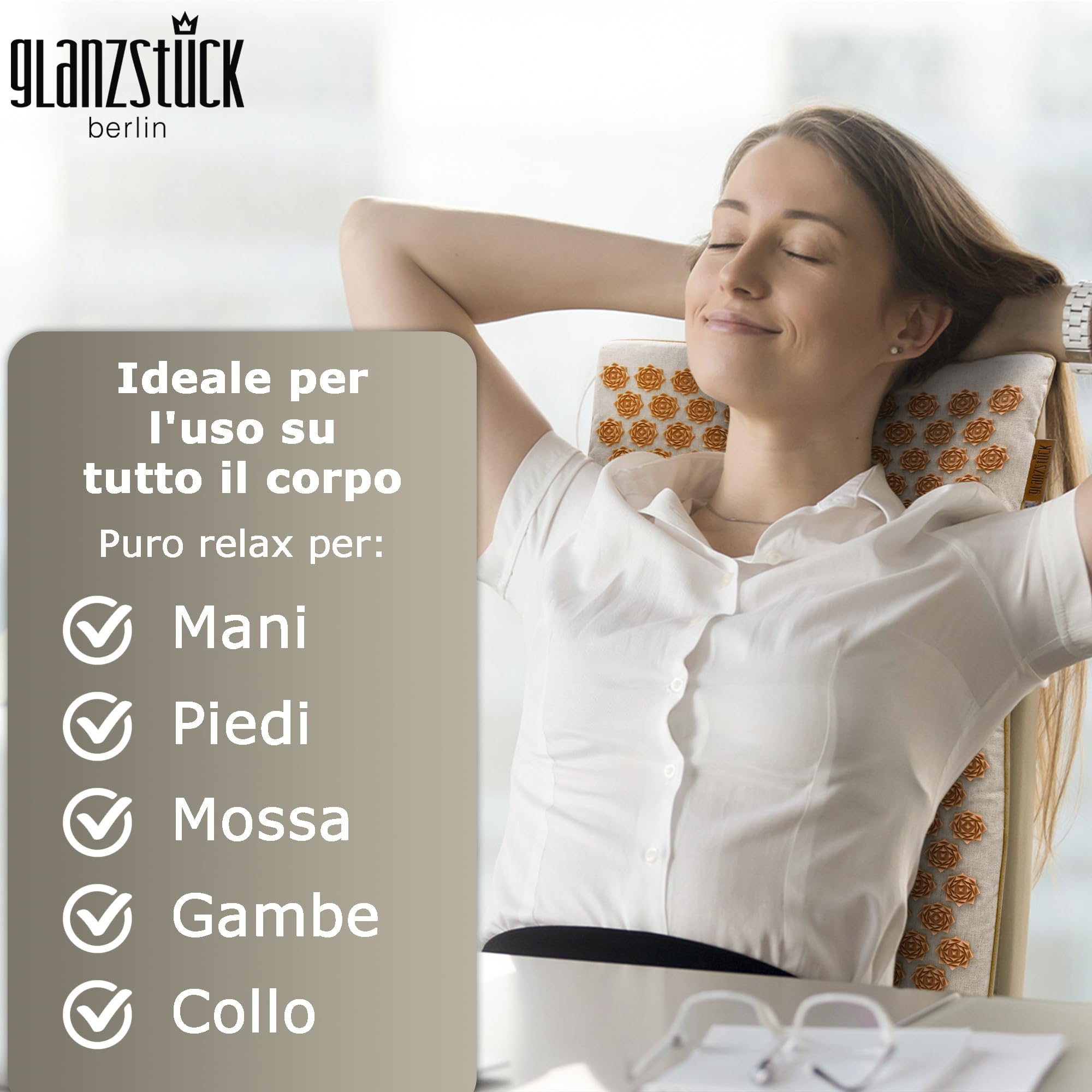 Glanzstück Berlin® Health Collection: Set di tappetini per agopressione XL originale in lino, aiuto in caso di tensioni, mal di schiena, tappetino massaggiante con cuscino (funzione termica) e