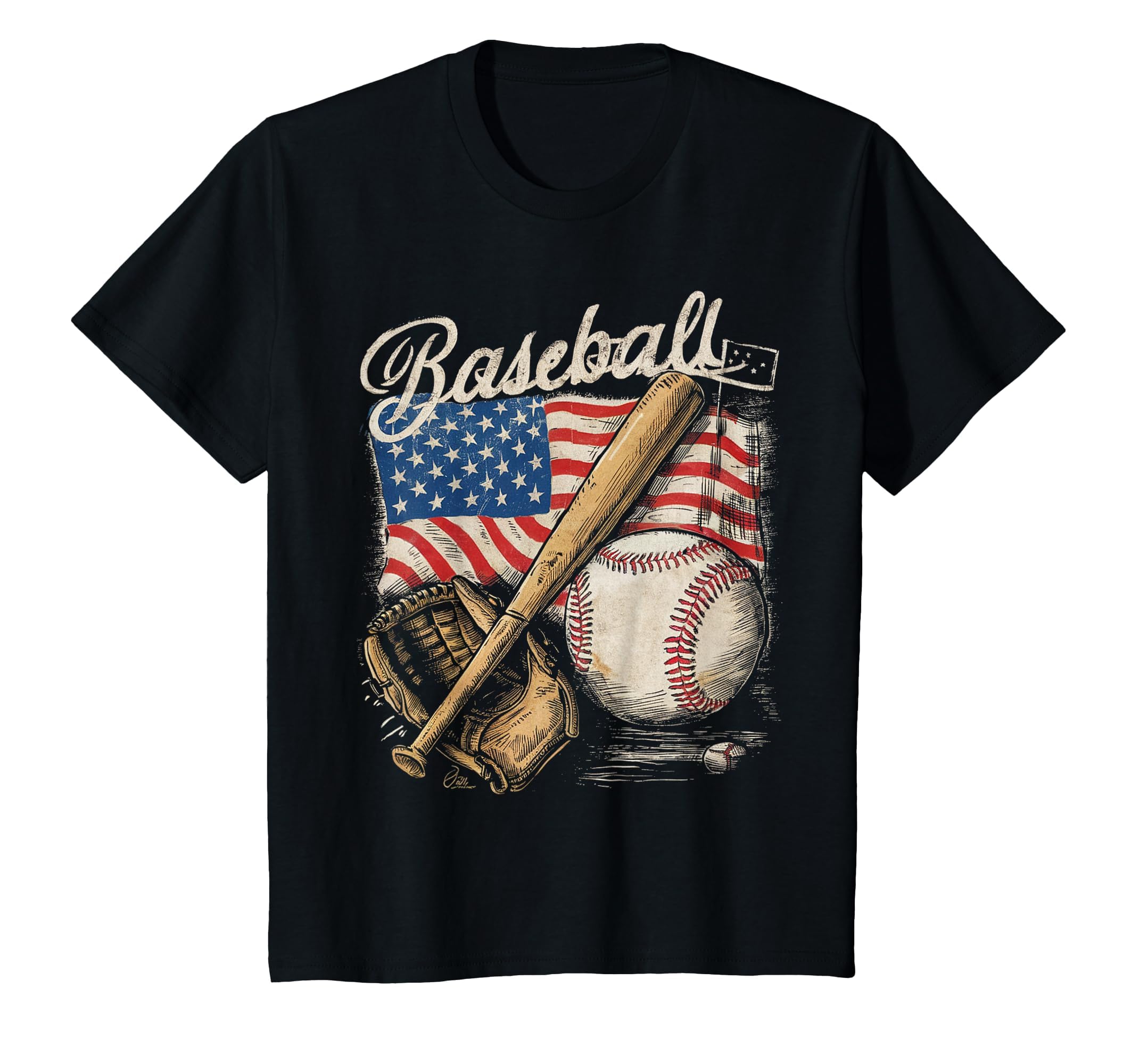 American Flag Baseball Player Bat Fan Catcher Pitcher USA T-Shirt