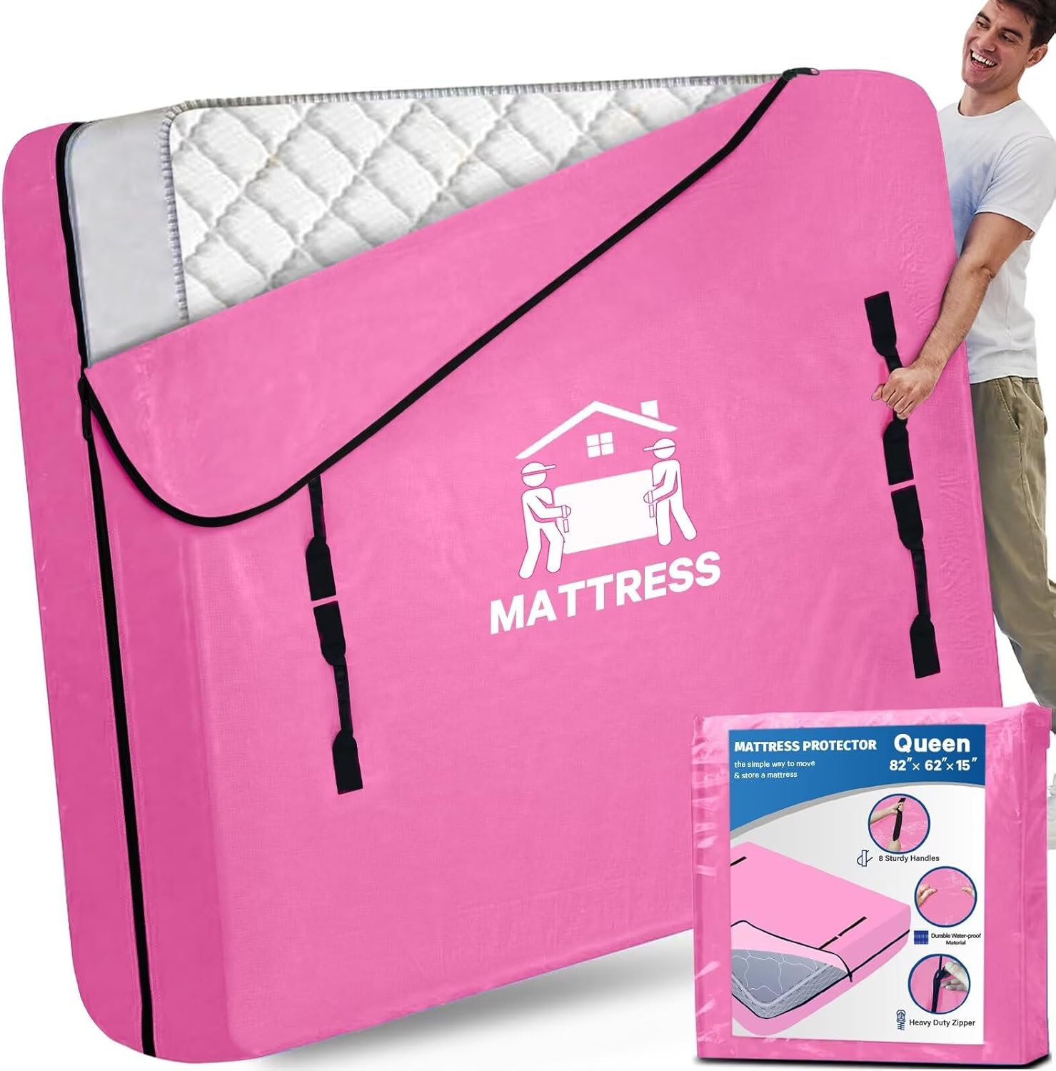 Mattress Bags for Moving, BETU Mattress Protector Waterproof Mattress Cover Queen Size Storage Bags with 8 Heavy-Duty Handles and Zipper for Bed Extra Thick Large Reusable (82"x62"x15" Blue)