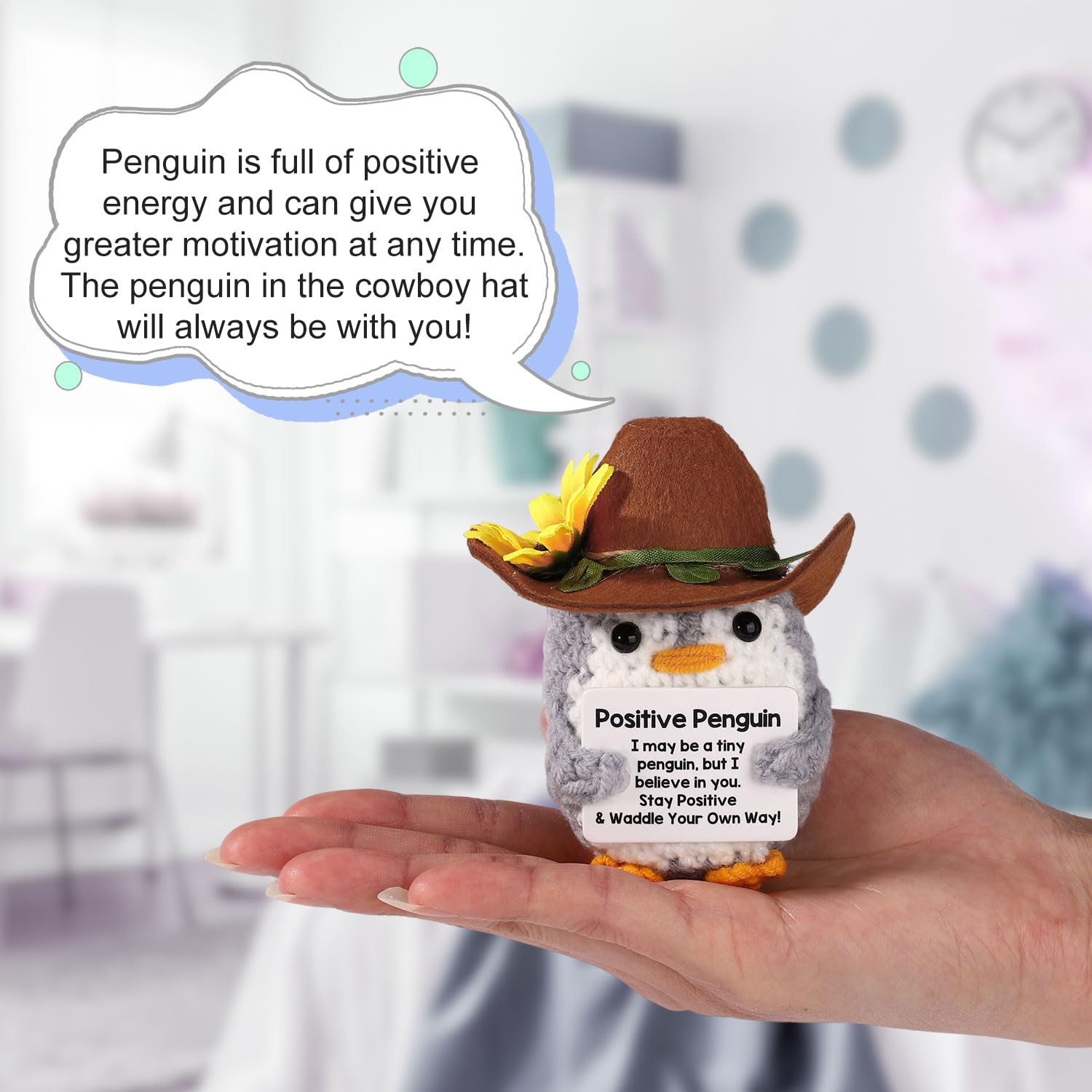 Poupée Pingouin Crochet Main Avec Carte D'encouragement - Peluche émotionnelle, Décoration Bureau, Cadeau Positif