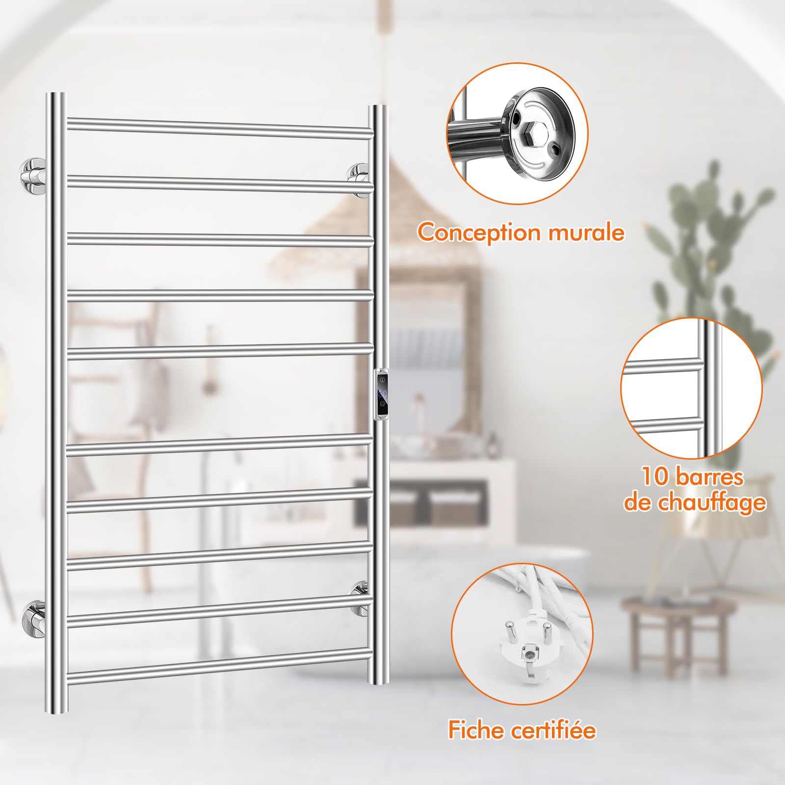 COSTWAY Sèche-Serviettes Électrique 30-60°C avec 10 Barres en Acier Inoxydable, Chauffe-Serviettes 120W Étanche Murale avec Minuterie Affichage LCD, Protection Surchauffe
