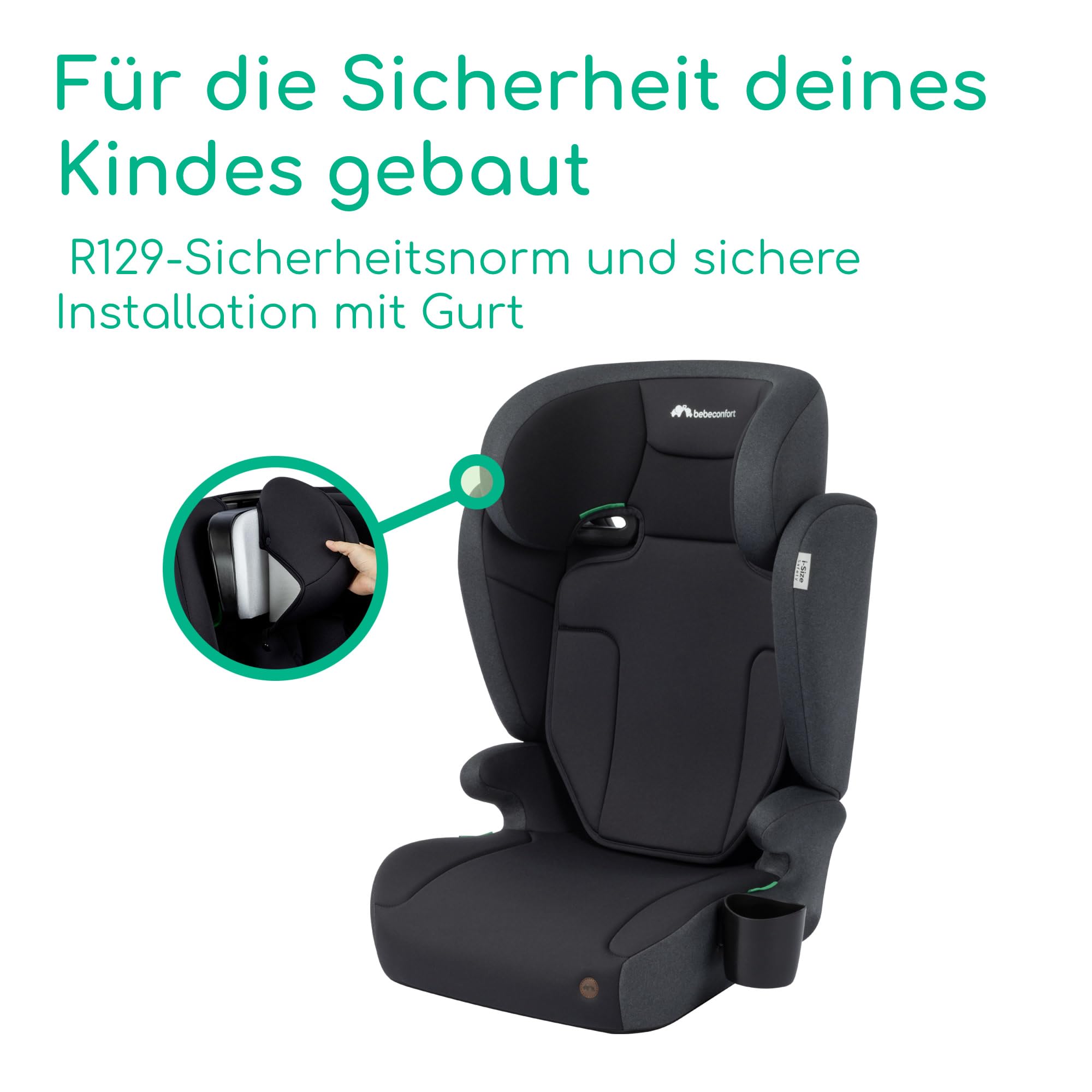 Bebeconfort Ride 2-in-1 i-Safe Kindersitz, 3,5-12 Jahre (100-150 cm), Kindersitz mit Gurt, Abnehmbare Rückenlehne, Leicht (3,4 kg), 11 Kopfstützpositionen, Becherhalter, Full Black
