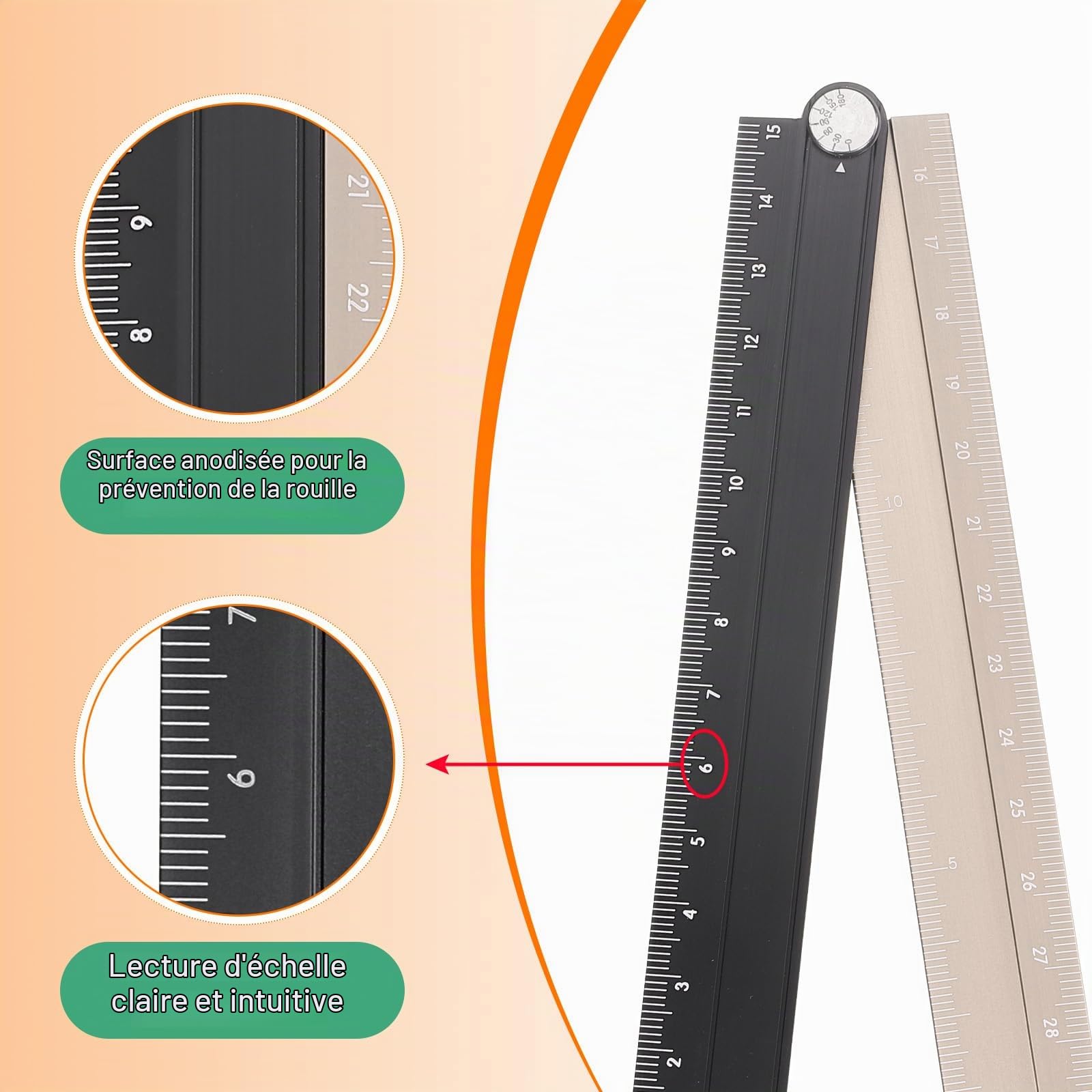 QUARKZMAN Règle Droite Pliante 30cm Métrique Alliage d'Aluminium Rapporteur Règle d'Angle Pliable Outil de Mesure Géométrique avec Ligne d'Angle, Ton Noir Or