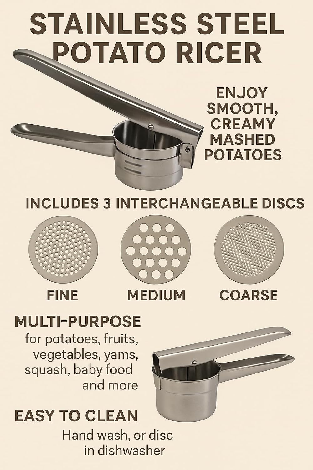 Stainless Steel Potato Ricer with 3 Interchangeable Discs – Manual Press for Mashed Potatoes, Vegetables, Fruits, Cauliflower, Squash & Baby Food