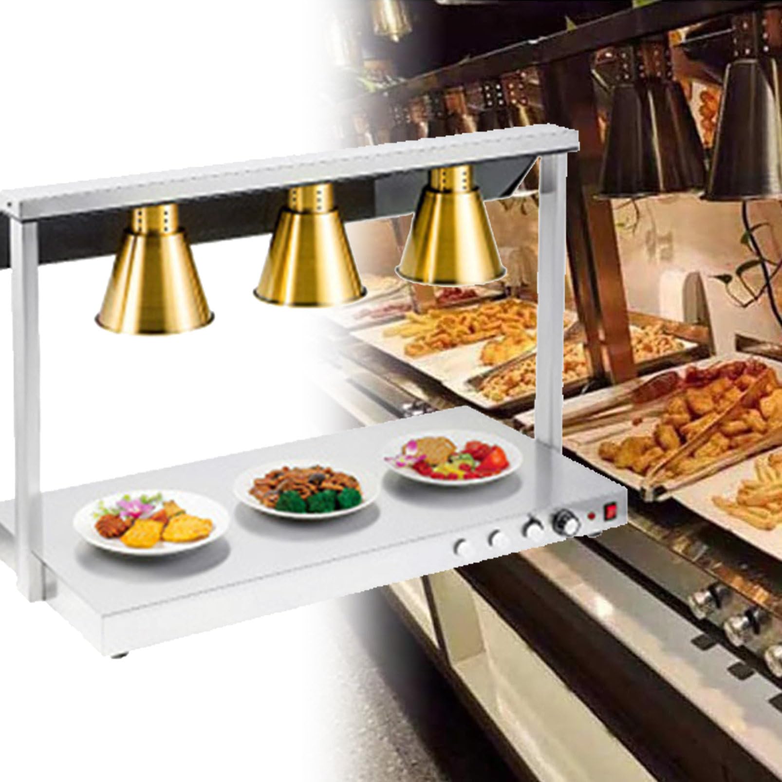 JKJZSALJ Commercial Food Warmer Lamp, Stainless Steel Buffet Heater For Restaurants And Kitchens, Ideal For Keeping Pizza And Food Warm,Gold,threeheads