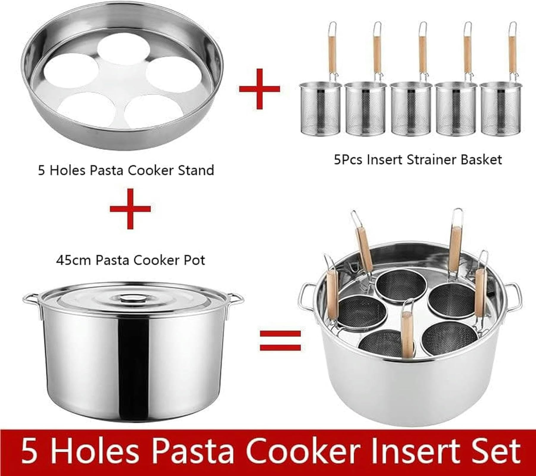 Pentole per Pasta, Pentole Multiuso, Pentola per Pasta in Acciaio Inox con Inserto Scolapasta, Pentola per Brodo con Cestello per Cottura A Vapore E Inserto per Pasta, Set per Cuo，5Holes