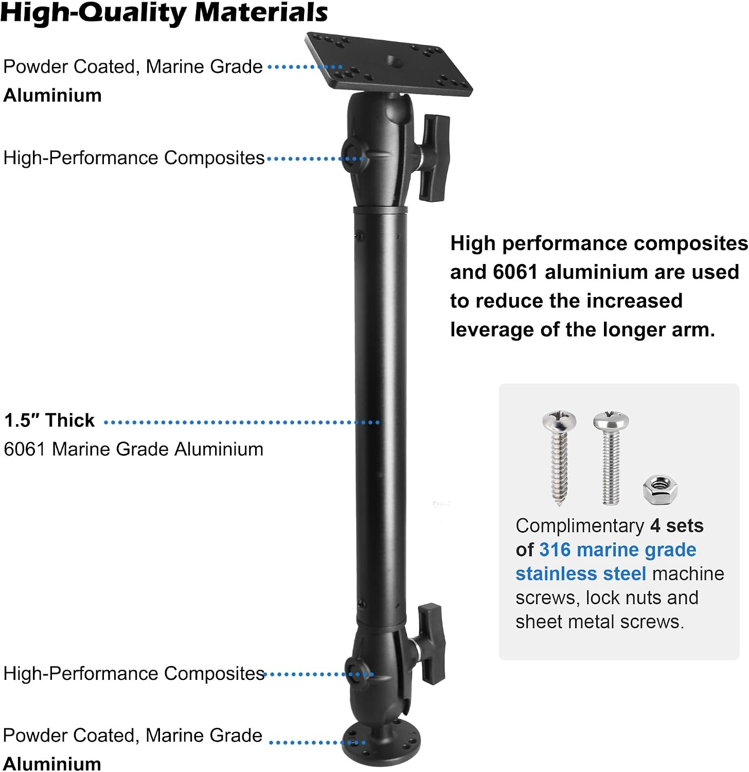 Fish Finder Mount, Compatible with Hummingbird Helix 5 and Helix 7, with 1.5" / C Size Aluminum Extension(18.3") Long Arm, Tall Bow Mount for Bass Boat/Kayak