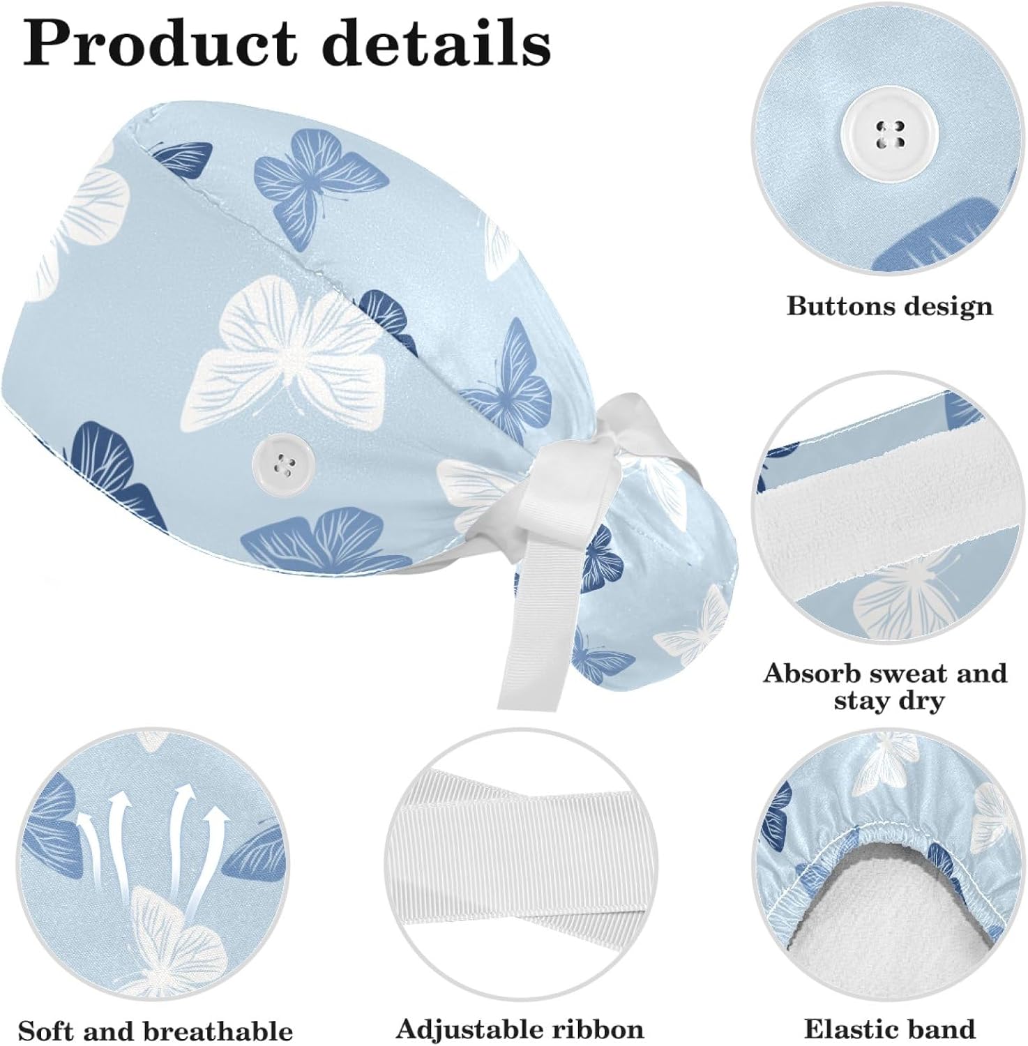 Colored Butterflies Scrub Caps Women Ponytail, Adjustable Bouffant Surgical Caps with Button, Nurse Hats Long Hair