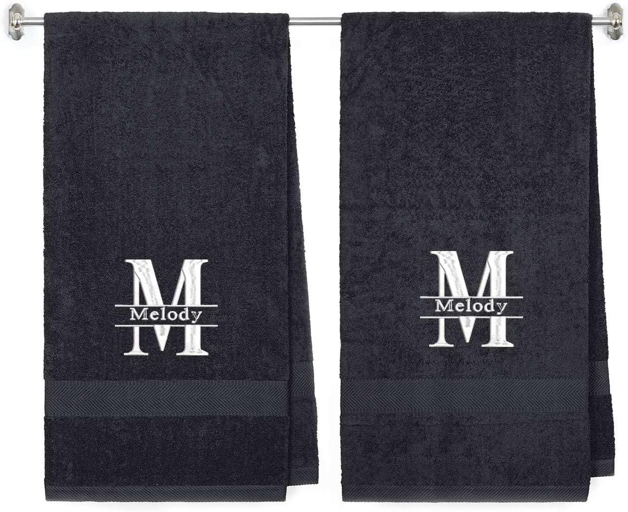 BY LORA Split Initial Personalized Towels, 100% Terry Cotton Bath Sheet Towels with Embroidered Name and Initial, Set of 2 for Bridesmaide, Anniversary, Wedding Day, Spa - Purple