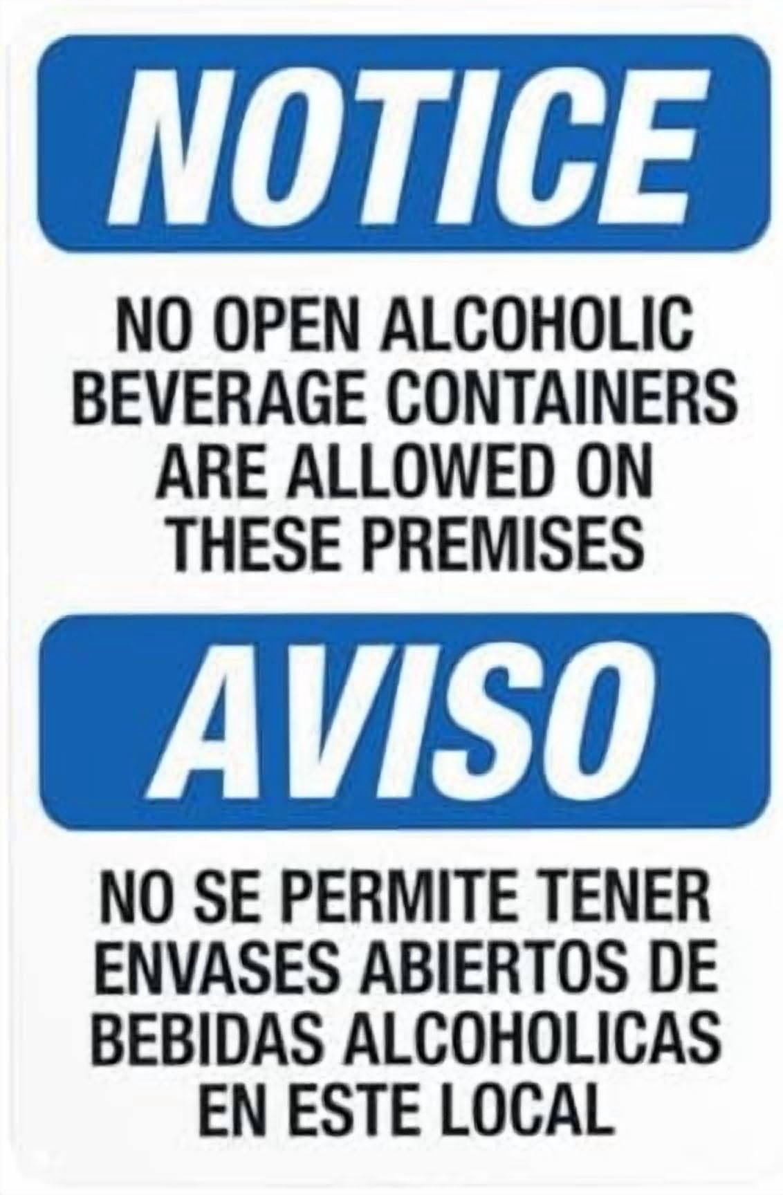 (2-Pack) Metal Tin Sign No Open Alcoholic Beverage Containers Are Allowed On These Premises Bilingual Warning Sign, Signs for Home Wall Caution Custom Decor 8 x 12 Inch