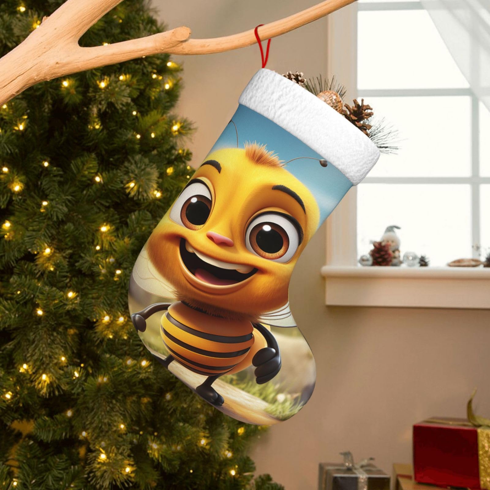Velvet Christmas Stockings 17.7 Inch, Bee Xmas Stocking with Soft Cuff,Classic Personalized Christmas Tree Decoration for Family Holiday New Year Party Supplies